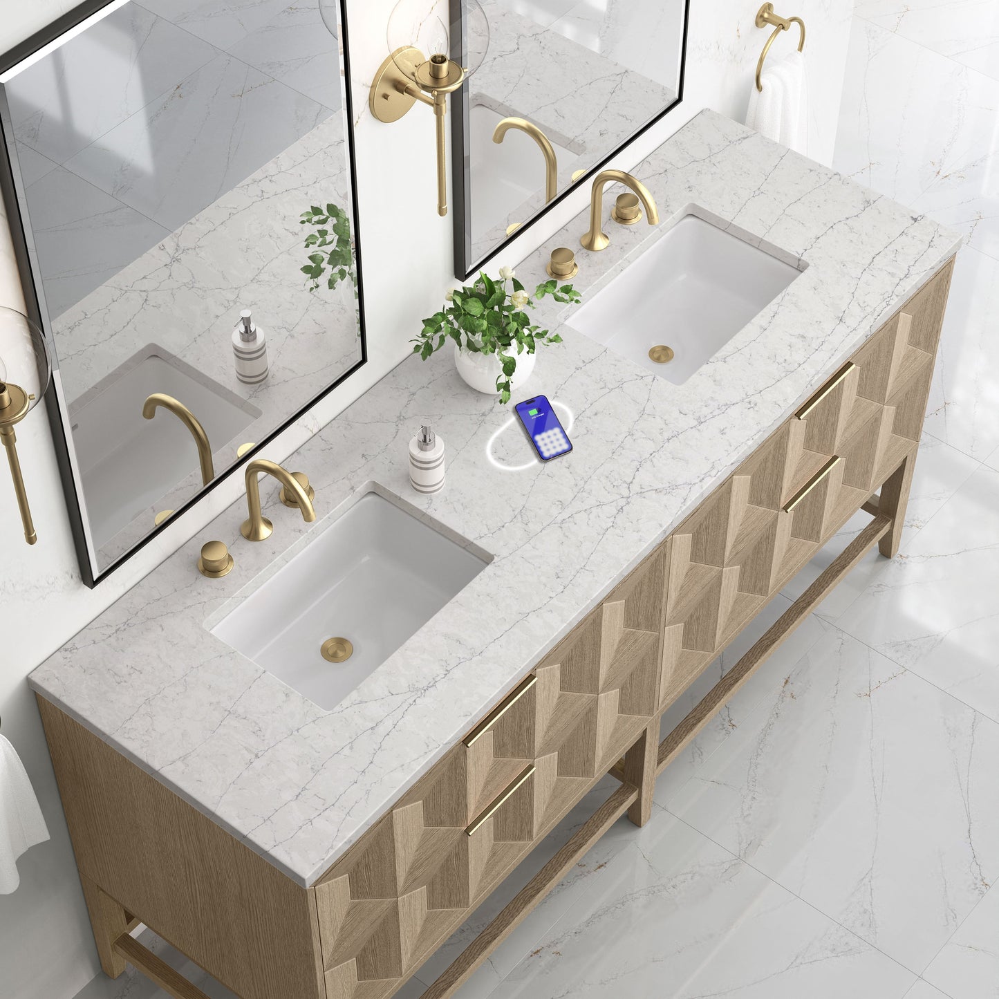 
                  
                    Emmeline 72" Vanity in Pebble Oak Double bathroom Vanity James Martin Vanities FreePower-Enabled Eternal Jasmine Pearl Silestone 
                  
                