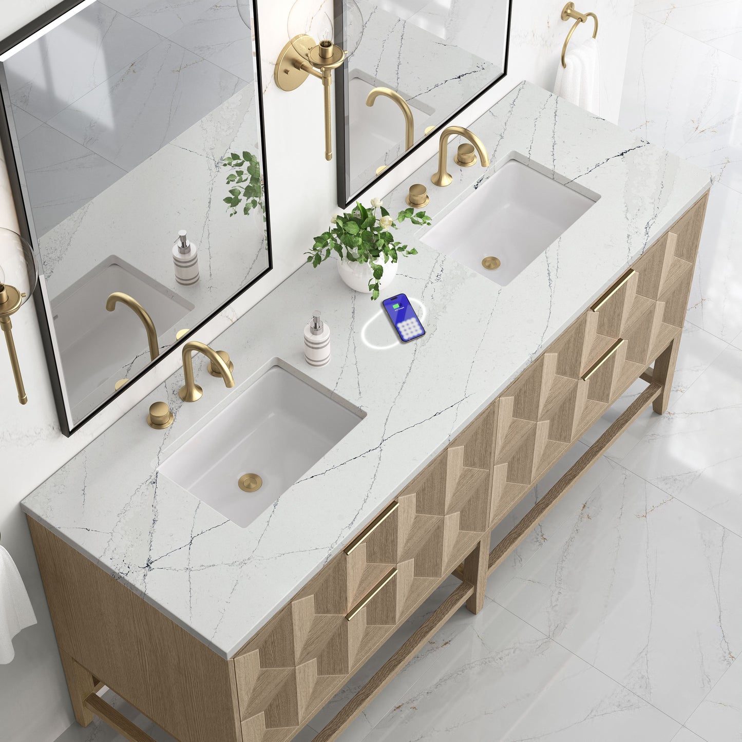 
                  
                    Emmeline 72" Vanity in Pebble Oak Double bathroom Vanity James Martin Vanities FreePower-Enabled Ethereal Noctis Silestone 
                  
                