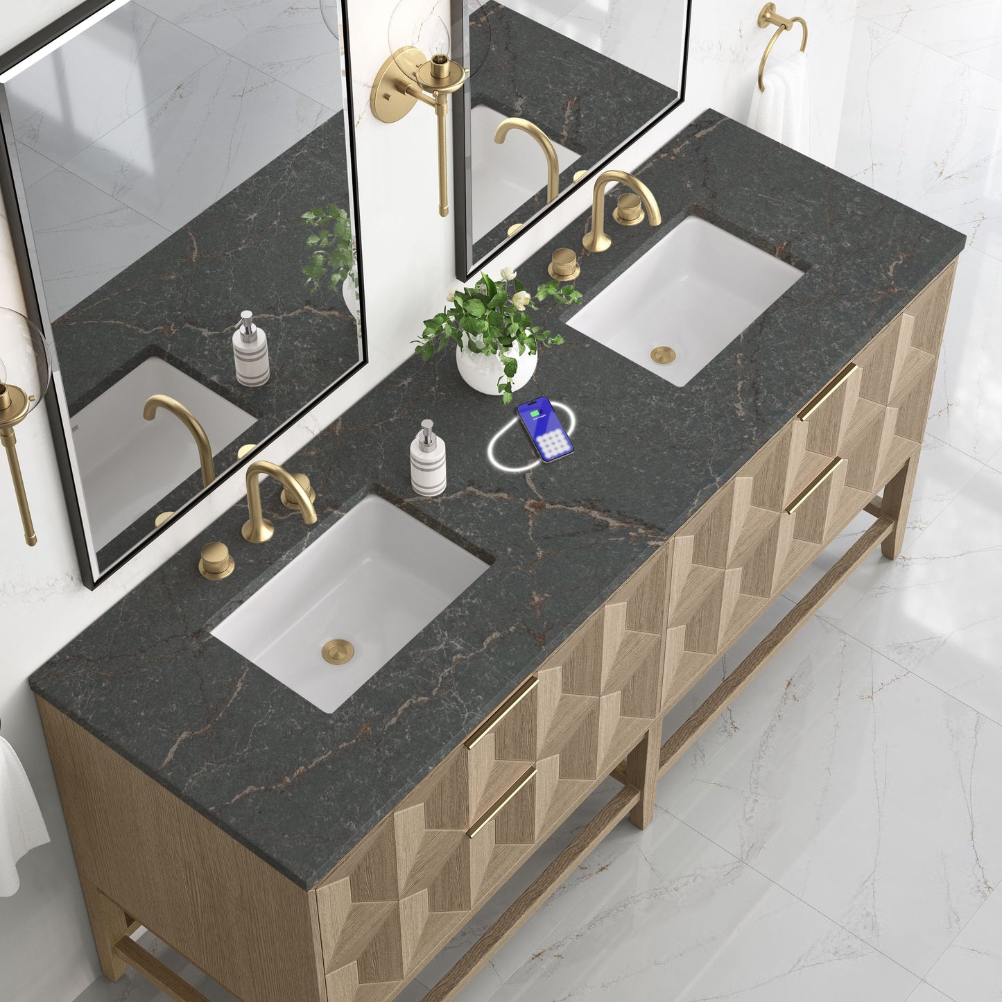 
                  
                    Emmeline 72" Vanity in Pebble Oak Double bathroom Vanity James Martin Vanities FreePower-Enabled Parisien Bleu Silestone 
                  
                
