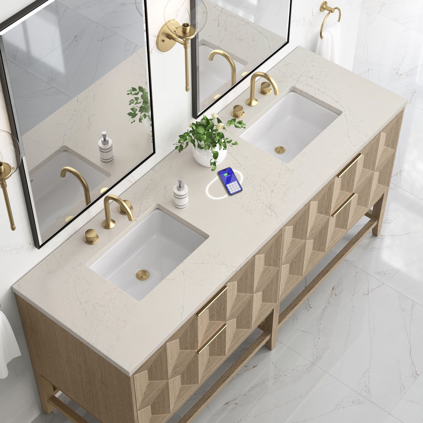 
                  
                    Emmeline 72" Vanity in Pebble Oak Double bathroom Vanity James Martin Vanities FreePower-Enabled Siberian Silestone 
                  
                
