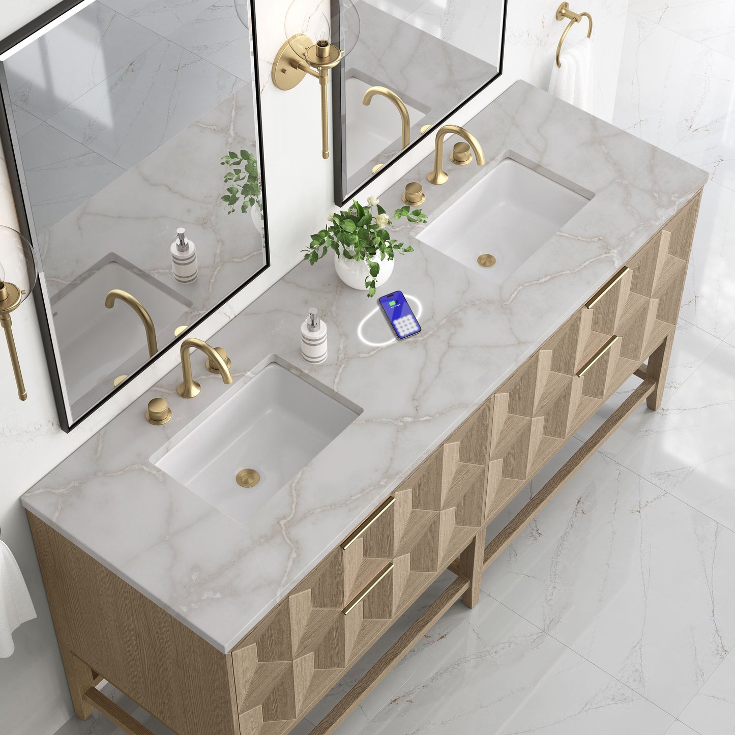 
                  
                    Emmeline 72" Vanity in Pebble Oak Double bathroom Vanity James Martin Vanities FreePower-Enabled Victorian Silver Silestone 
                  
                