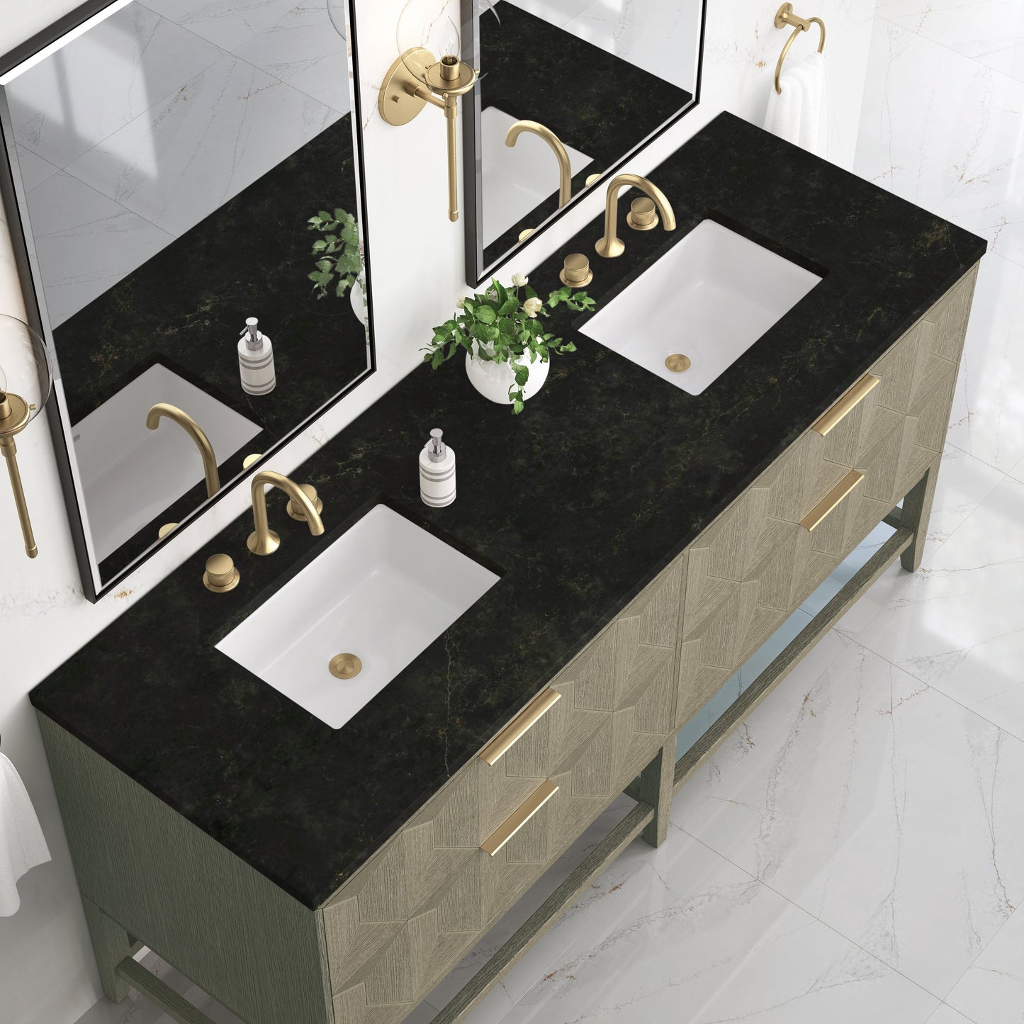 
                  
                    Emmeline 72" Vanity in Pebble Oak Double bathroom Vanity James Martin Vanities Phantome Eclos 
                  
                