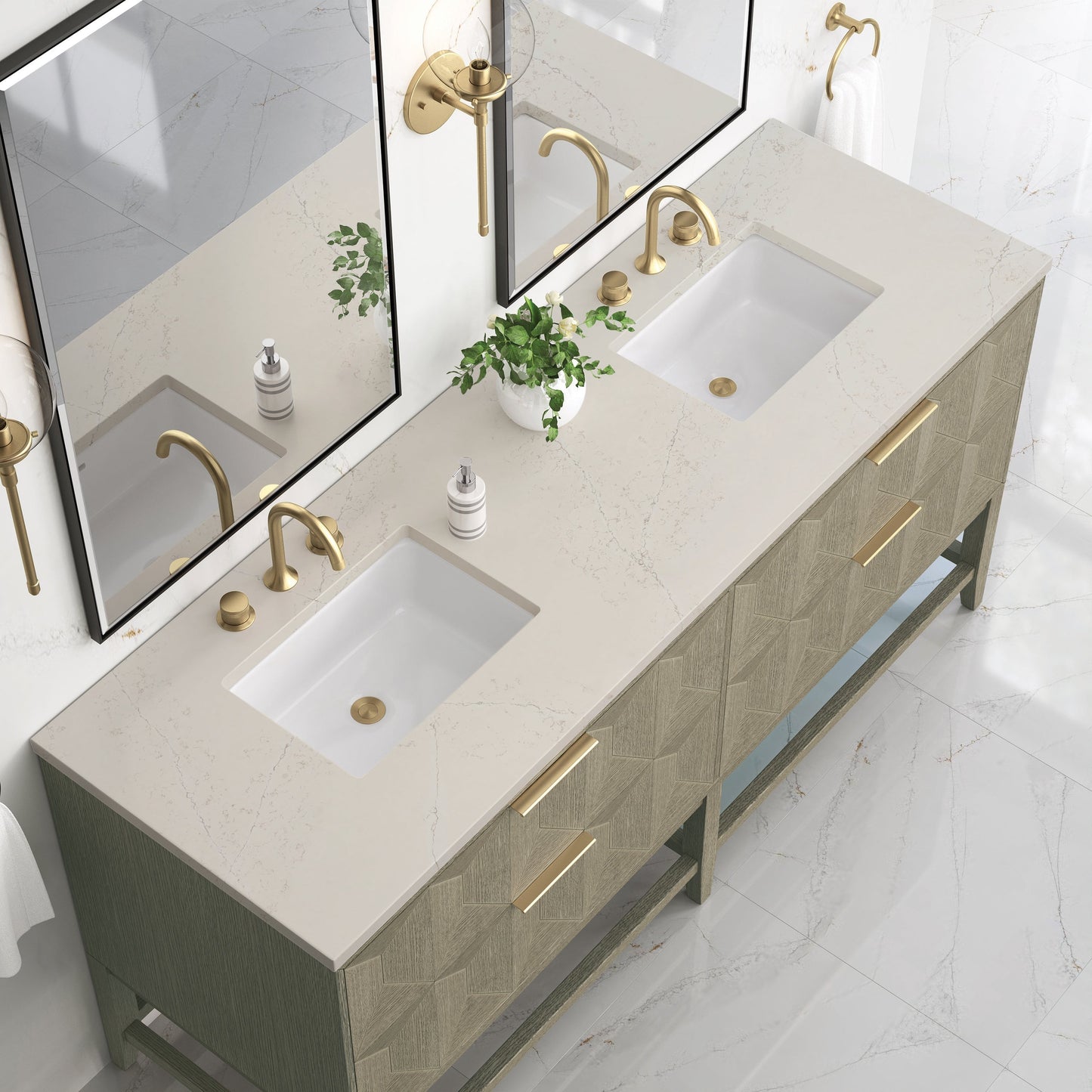 
                  
                    Emmeline 72" Vanity in Pebble Oak Double bathroom Vanity James Martin Vanities Siberian Silestone 
                  
                