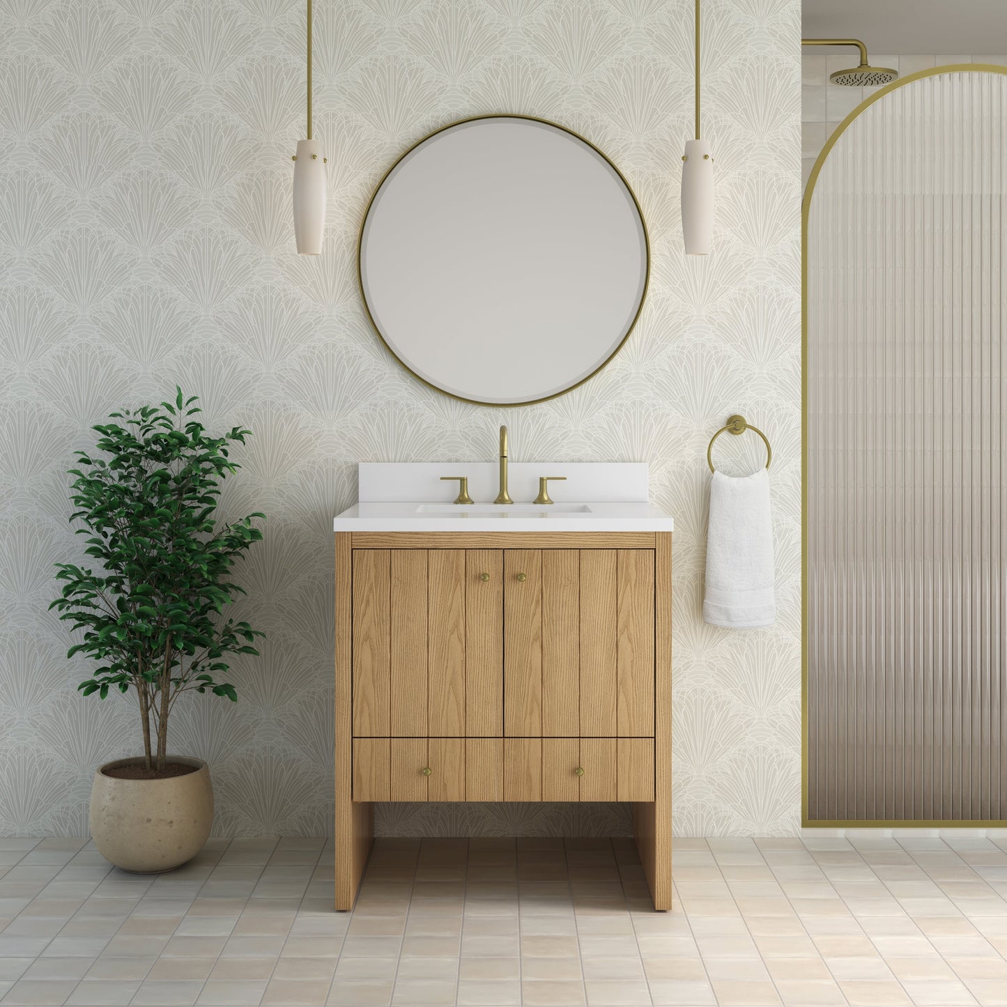 
                  
                    Hudson 30" Single Vanity in Light Natural Oak Single Bathroom Vanity James Martin Vanities White Zeus Silestone Single-Hole Faucet Top with Backsplash 
                  
                