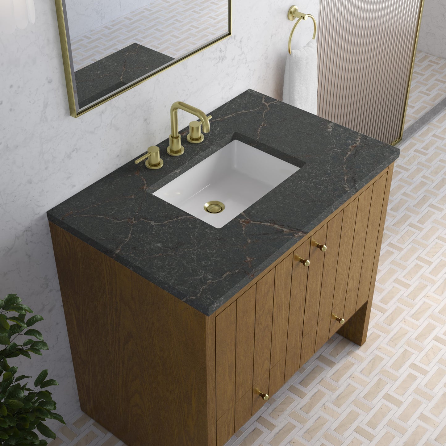 
                  
                    Hudson 36" Single Vanity in Honey Oak Single Bathroom Vanity James Martin Vanities Parisien Bleu Silestone 
                  
                