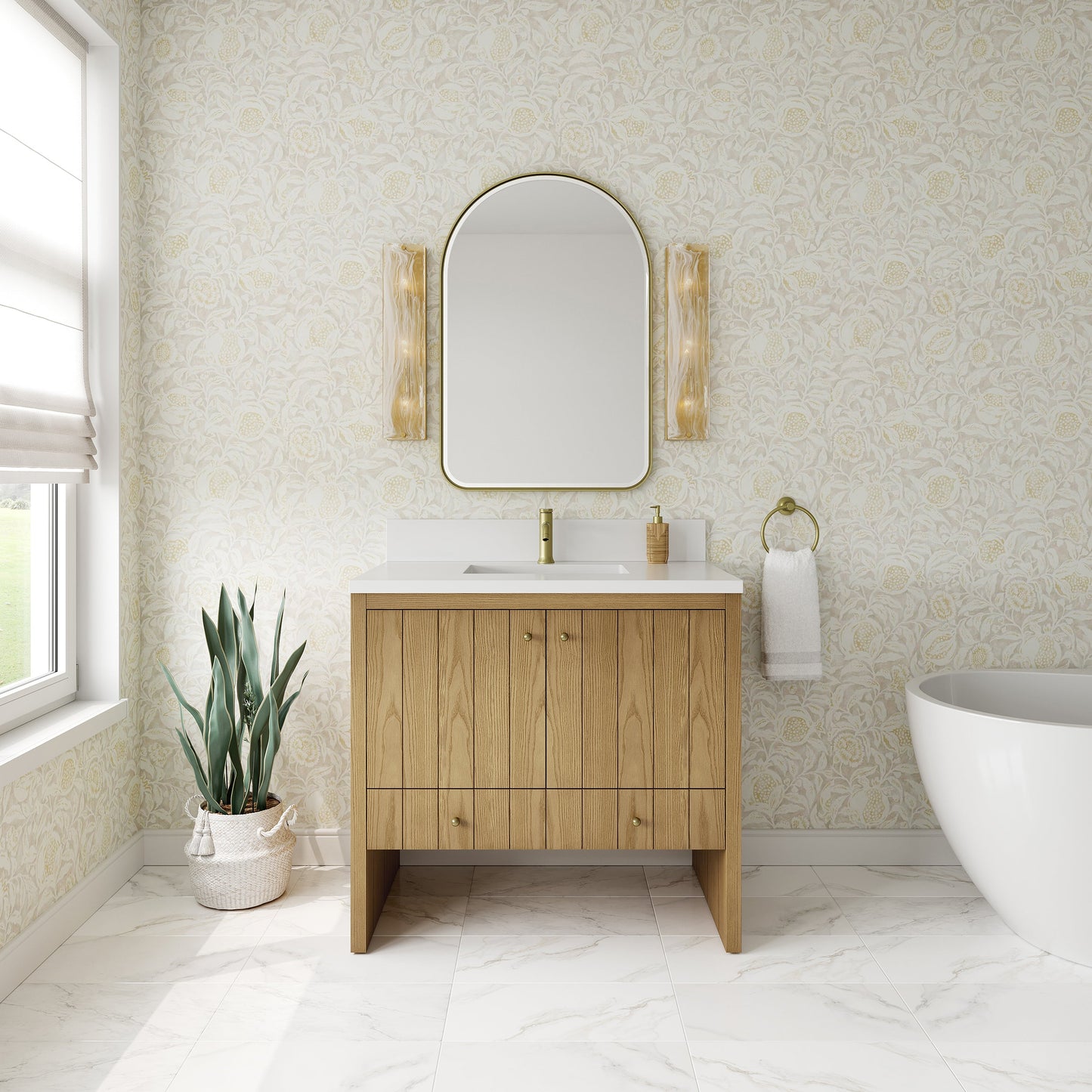 
                  
                    Hudson 36" Single Vanity in Light Natural Oak Single Bathroom Vanity James Martin Vanities White Zeus Silestone Single-Hole Faucet Top with Backsplash 
                  
                