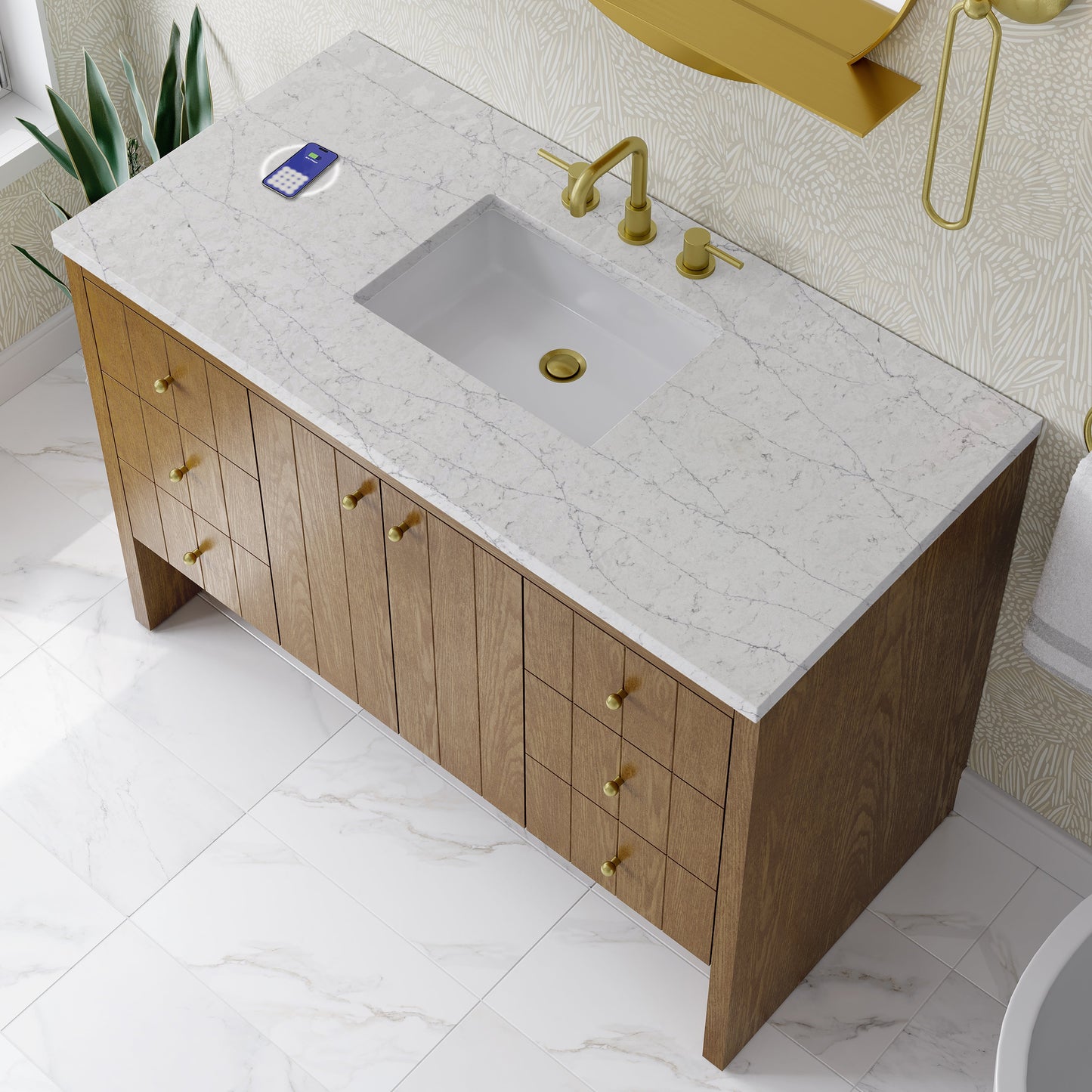 
                  
                    Hudson 48" Single Vanity in Honey Oak Single Bathroom Vanity James Martin Vanities FreePower-Enabled Eternal Jasmine Pearl Silestone 
                  
                