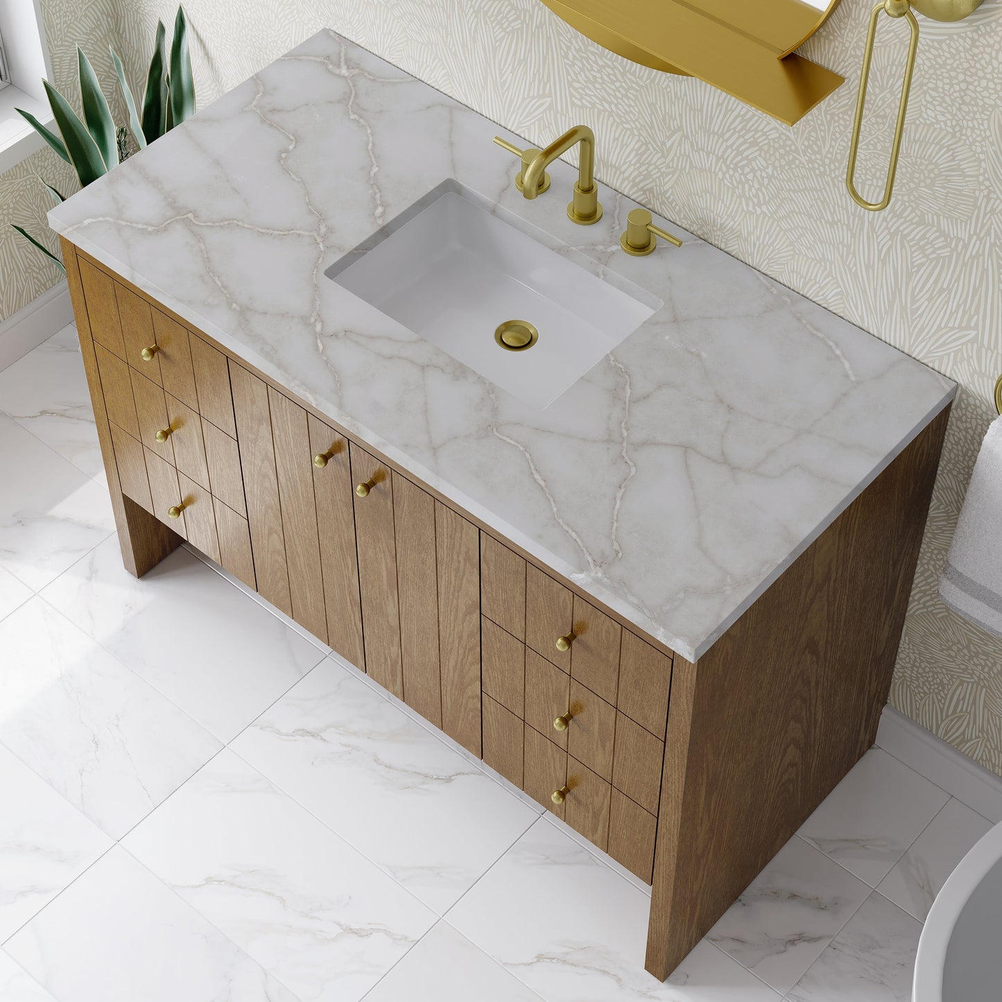 
                  
                    Hudson 48" Single Vanity in Honey Oak Single Bathroom Vanity James Martin Vanities Victorian Silver Silestone 
                  
                