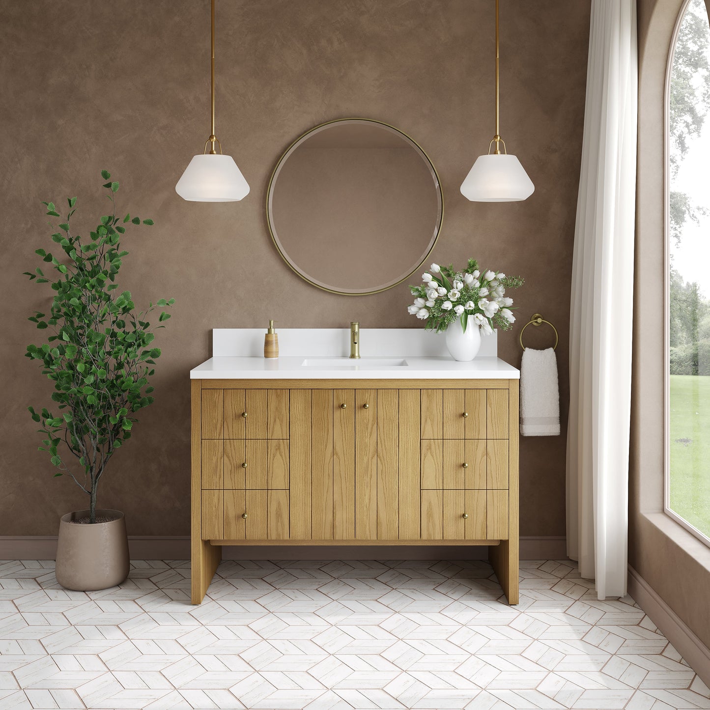 
                  
                    Hudson 48" Single Vanity in Light Natural Oak Single Bathroom Vanity James Martin Vanities White Zeus Silestone Single-Hole Faucet Top with Backsplash 
                  
                