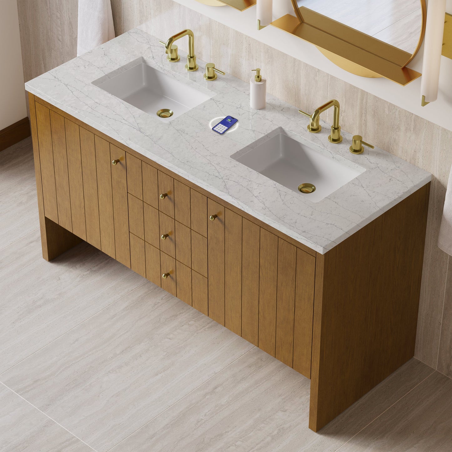 
                  
                    Hudson 60" Double Vanity in Honey Oak Double Bathroom Vanity James Martin Vanities FreePower-Enabled Eternal Jasmine Pearl Silestone 
                  
                