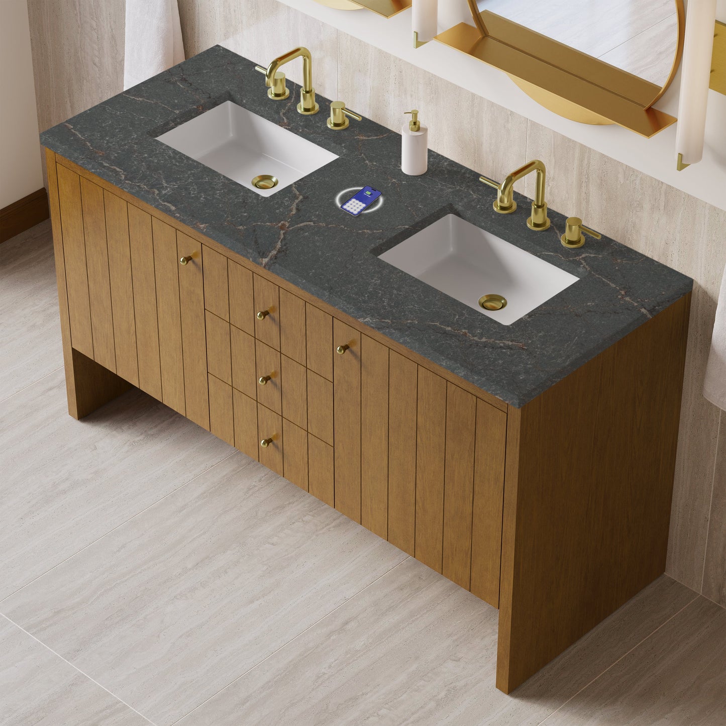 
                  
                    Hudson 60" Double Vanity in Honey Oak Double Bathroom Vanity James Martin Vanities FreePower-Enabled Parisien Bleu Silestone 
                  
                