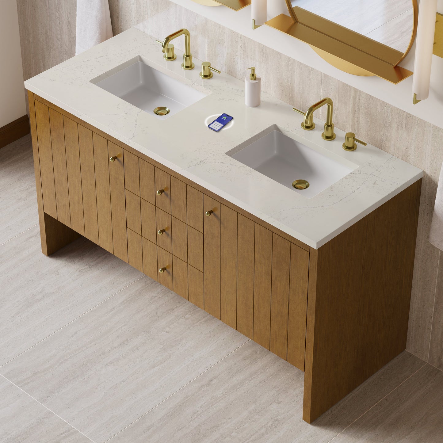 
                  
                    Hudson 60" Double Vanity in Honey Oak Double Bathroom Vanity James Martin Vanities FreePower-Enabled Siberian Silestone 
                  
                