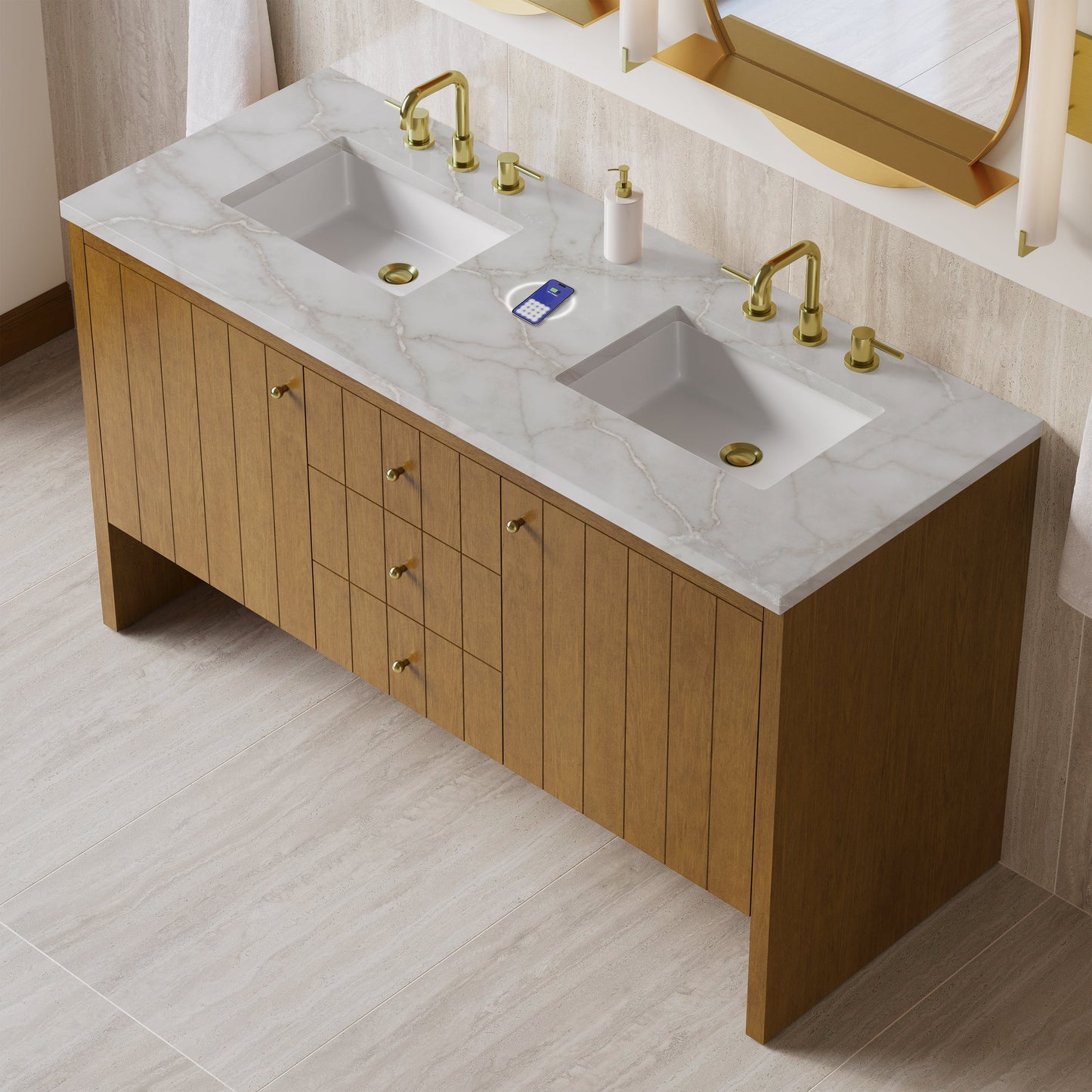 
                  
                    Hudson 60" Double Vanity in Honey Oak Double Bathroom Vanity James Martin Vanities FreePower-Enabled Victorian Silver Silestone 
                  
                
