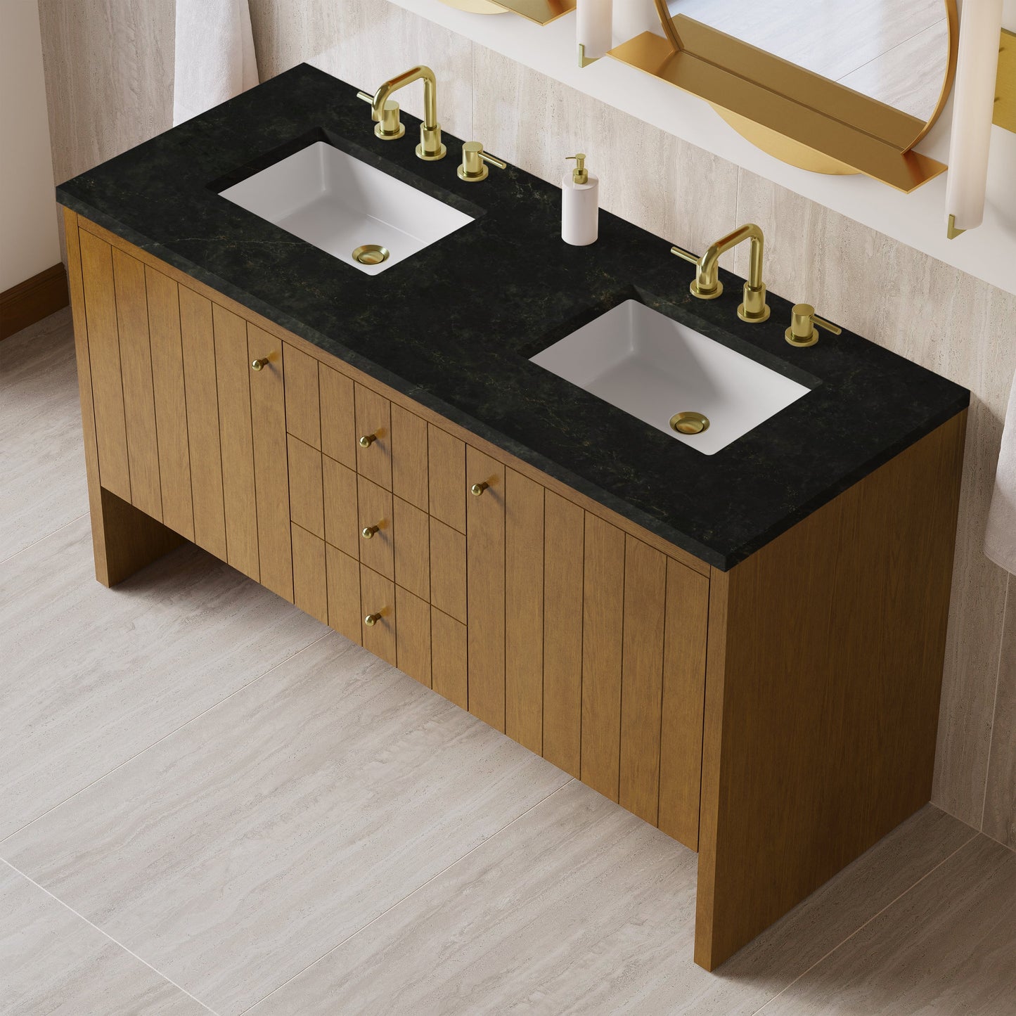 
                  
                    Hudson 60" Double Vanity in Honey Oak Double Bathroom Vanity James Martin Vanities Phantome Eclos 
                  
                
