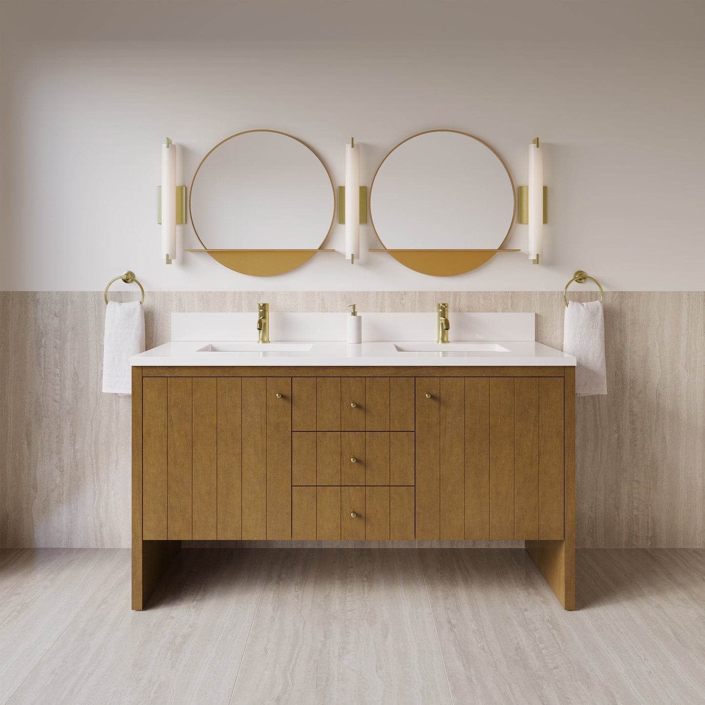 
                  
                    Hudson 60" Double Vanity in Honey Oak Double Bathroom Vanity James Martin Vanities White Zeus Silestone Single Faucet Top w/Backsplash 
                  
                