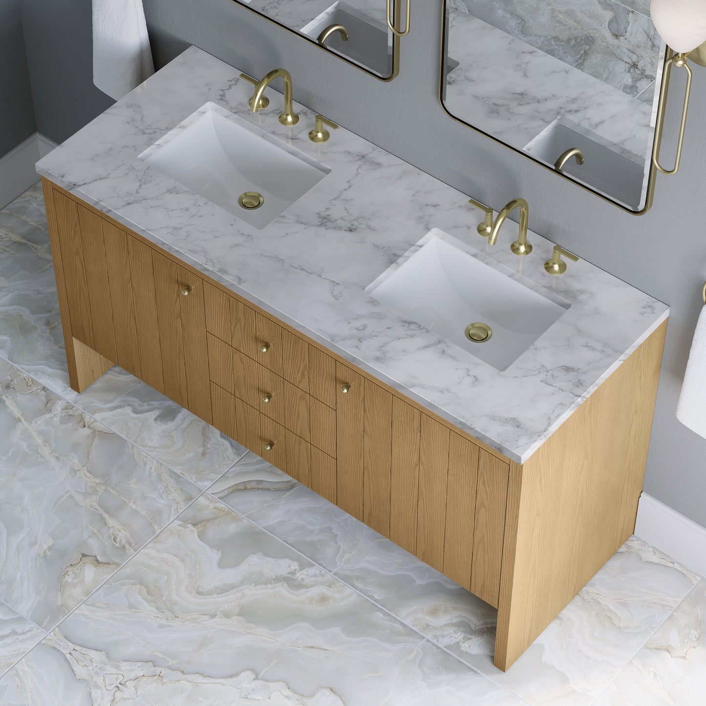 
                  
                    Hudson 60" Double Vanity in Light Natural Oak Double Bathroom Vanity James Martin Vanities Carrara White Marble 
                  
                