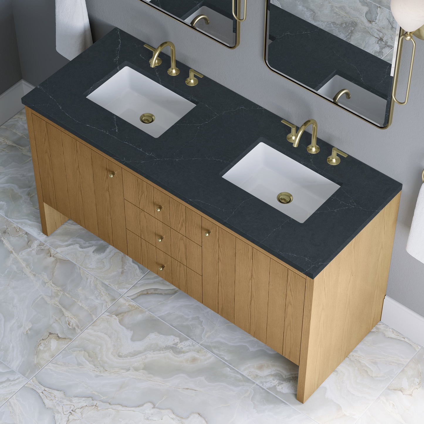 
                  
                    Hudson 60" Double Vanity in Light Natural Oak Double Bathroom Vanity James Martin Vanities Charcoal Soapstone Silestone 
                  
                