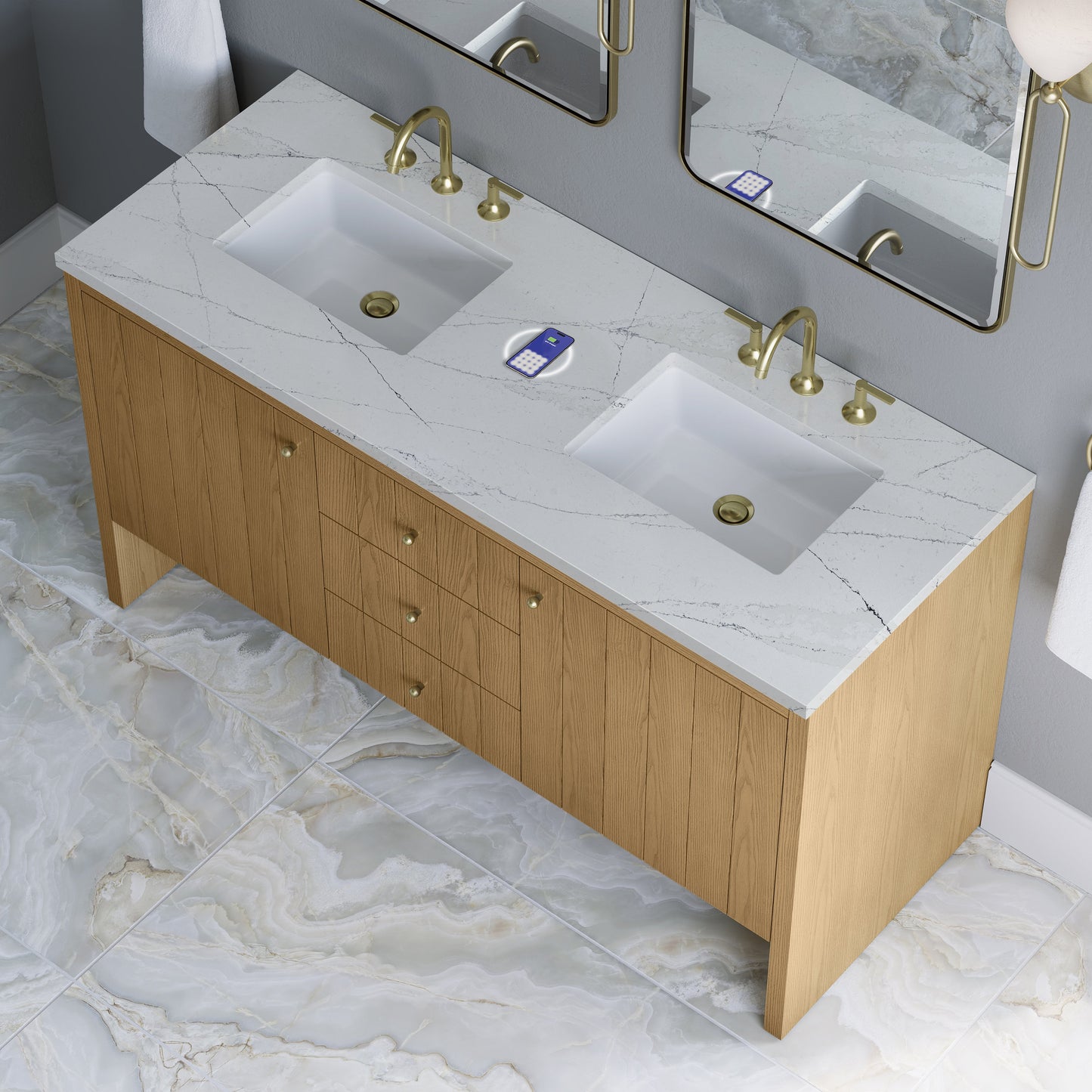 
                  
                    Hudson 60" Double Vanity in Light Natural Oak Double Bathroom Vanity James Martin Vanities FreePower-Enabled Ethereal Noctis Silestone 
                  
                
