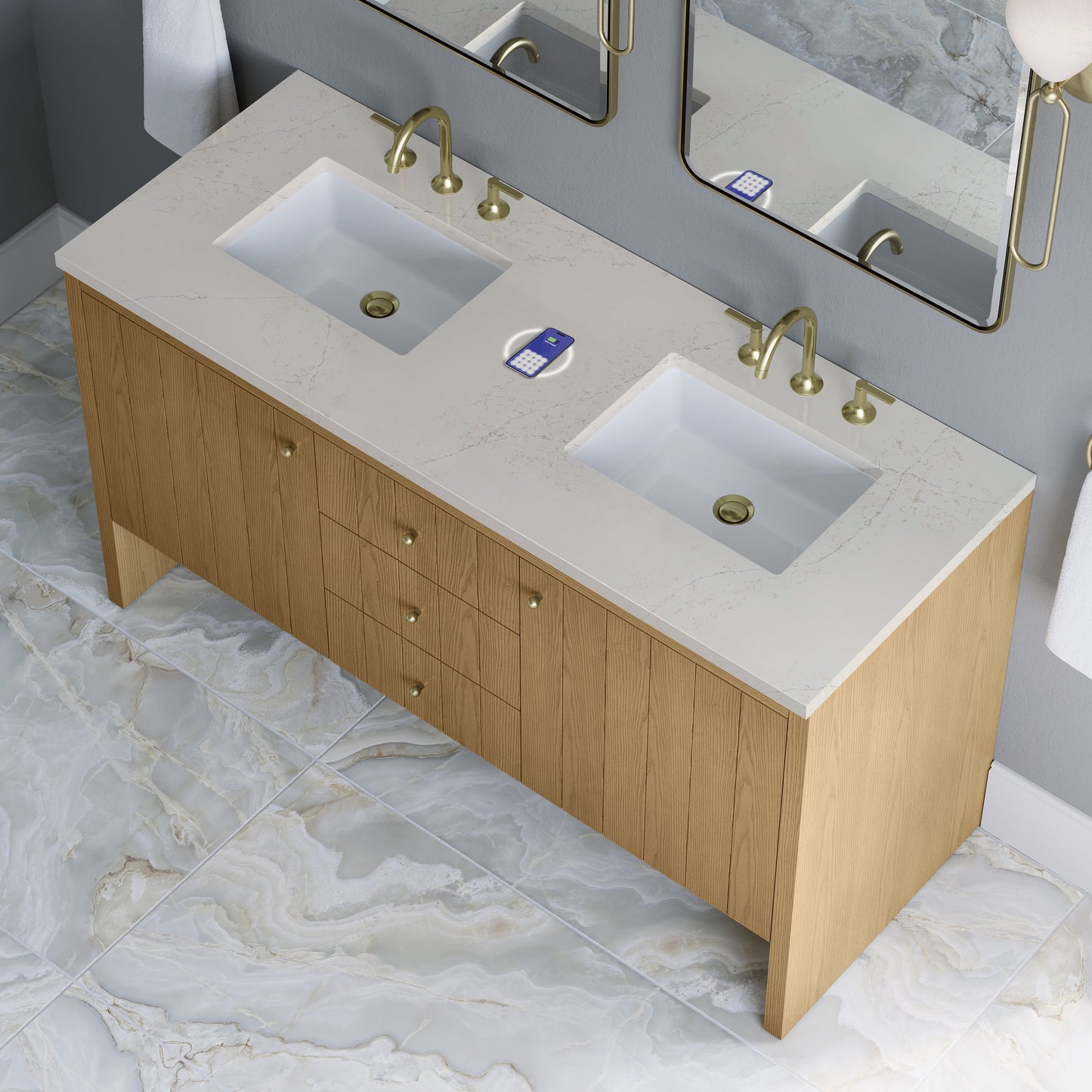 
                  
                    Hudson 60" Double Vanity in Light Natural Oak Double Bathroom Vanity James Martin Vanities FreePower-Enabled Siberian Silestone 
                  
                
