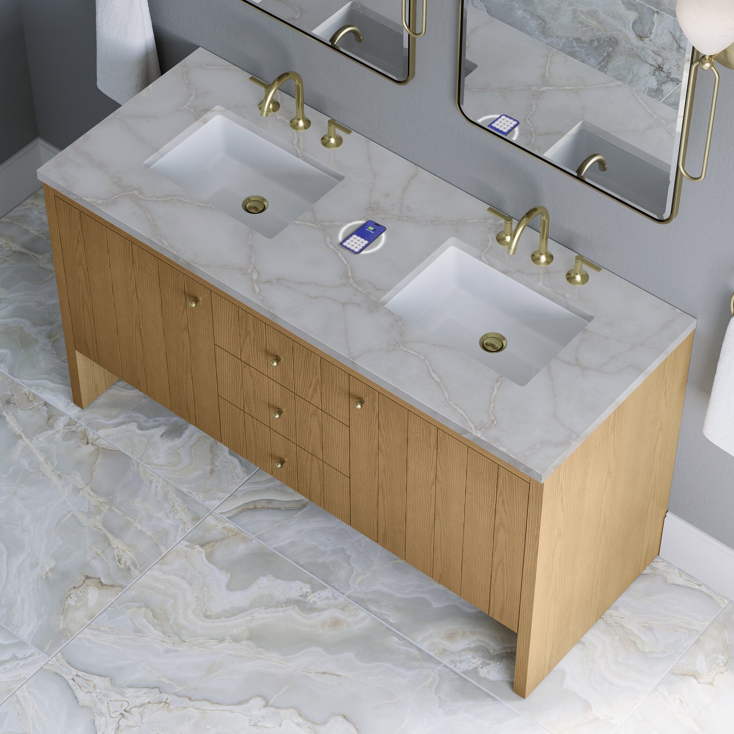 
                  
                    Hudson 60" Double Vanity in Light Natural Oak Double Bathroom Vanity James Martin Vanities FreePower-Enabled Victorian Silver Silestone 
                  
                
