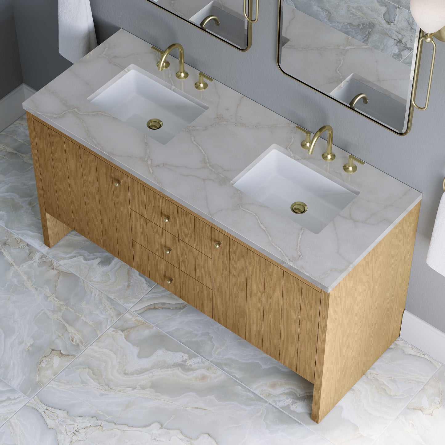 
                  
                    Hudson 60" Double Vanity in Light Natural Oak Double Bathroom Vanity James Martin Vanities Victorian Silver Silestone 
                  
                