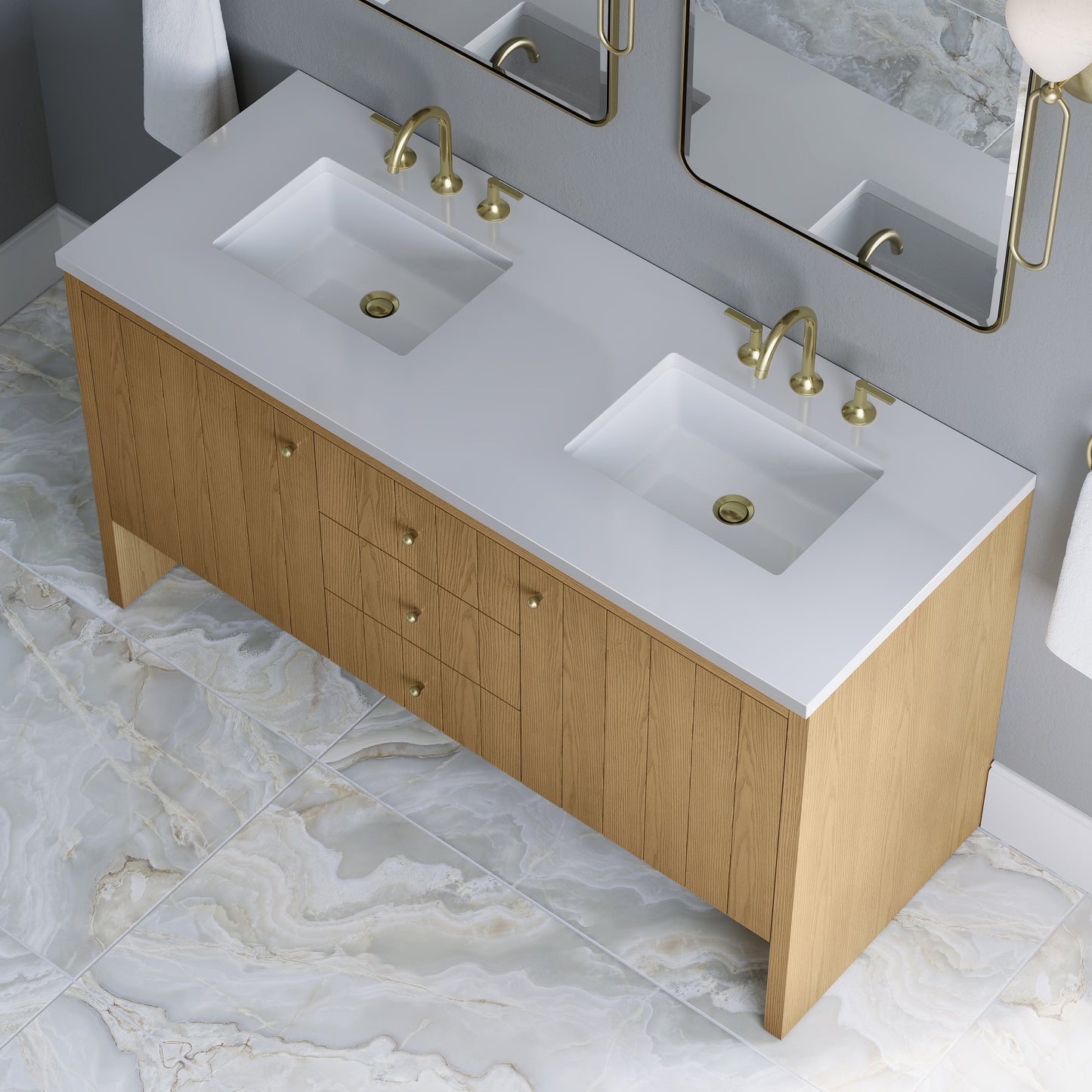 
                  
                    Hudson 60" Double Vanity in Light Natural Oak Double Bathroom Vanity James Martin Vanities White Zeus Silestone 
                  
                