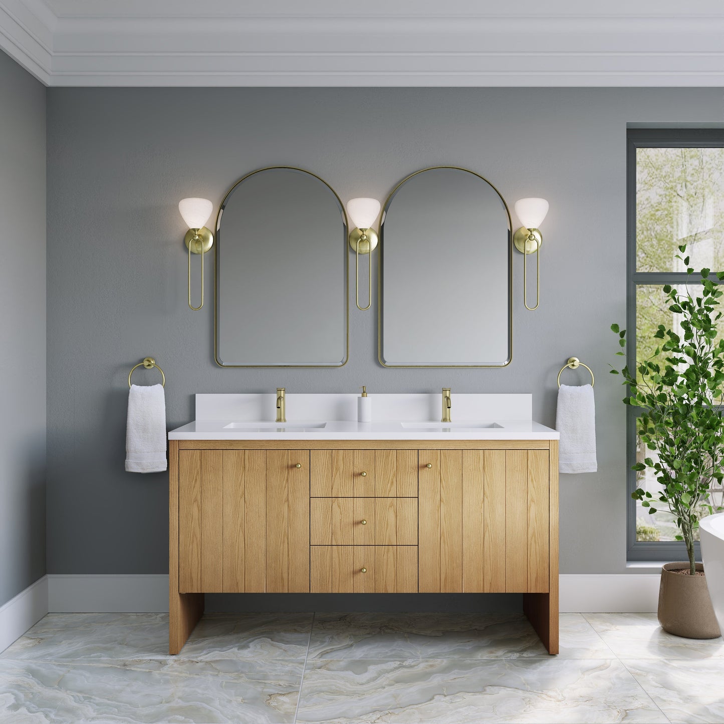 
                  
                    Hudson 60" Double Vanity in Light Natural Oak Double Bathroom Vanity James Martin Vanities White Zeus Silestone Single-Hole Faucet Top with Backsplash 
                  
                