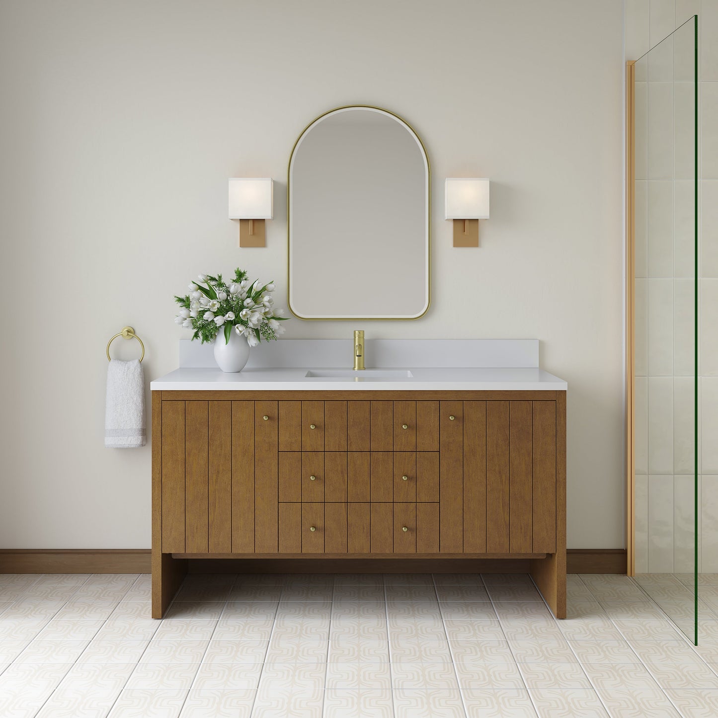 
                  
                    Hudson 60" Single Vanity in Honey Oak Double Bathroom Vanity James Martin Vanities White Zeus Silestone Single Faucet Top w/Backsplash 
                  
                