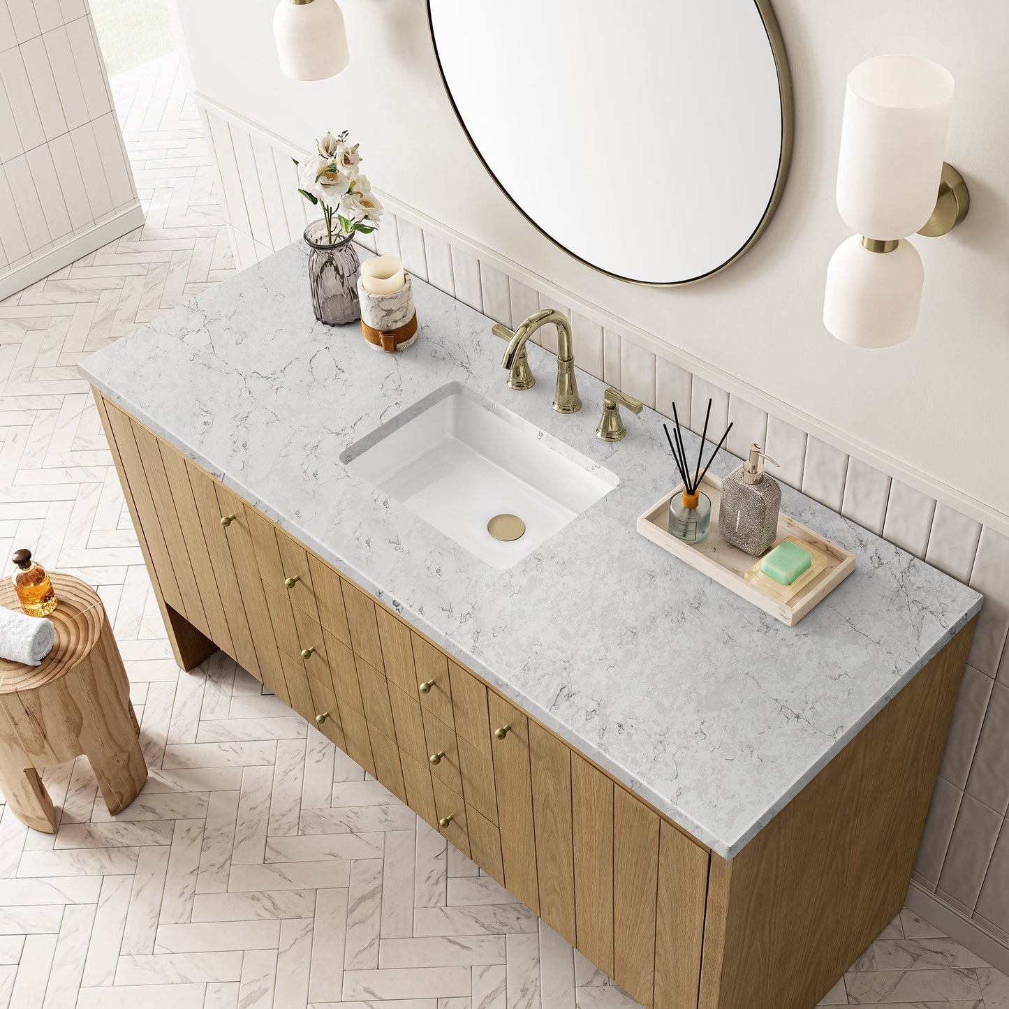 
                  
                    Hudson 60" Single Vanity in Light Natural Oak Double Bathroom Vanity James Martin Vanities Eternal Jasmine Pearl Silestone 
                  
                