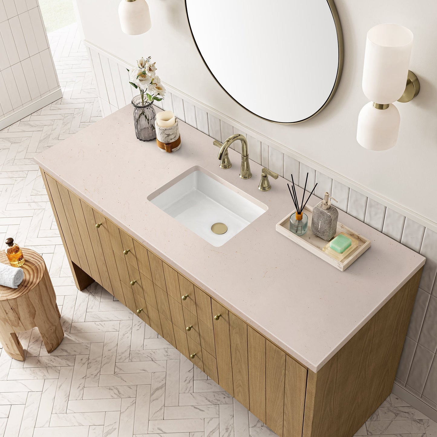 
                  
                    Hudson 60" Single Vanity in Light Natural Oak Double Bathroom Vanity James Martin Vanities Eternal Marfil Silestone 
                  
                