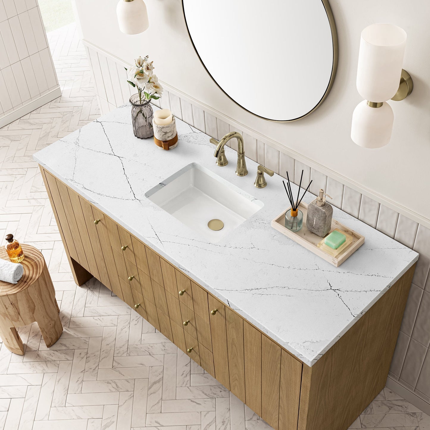 
                  
                    Hudson 60" Single Vanity in Light Natural Oak Double Bathroom Vanity James Martin Vanities Ethereal Noctis Silestone 
                  
                