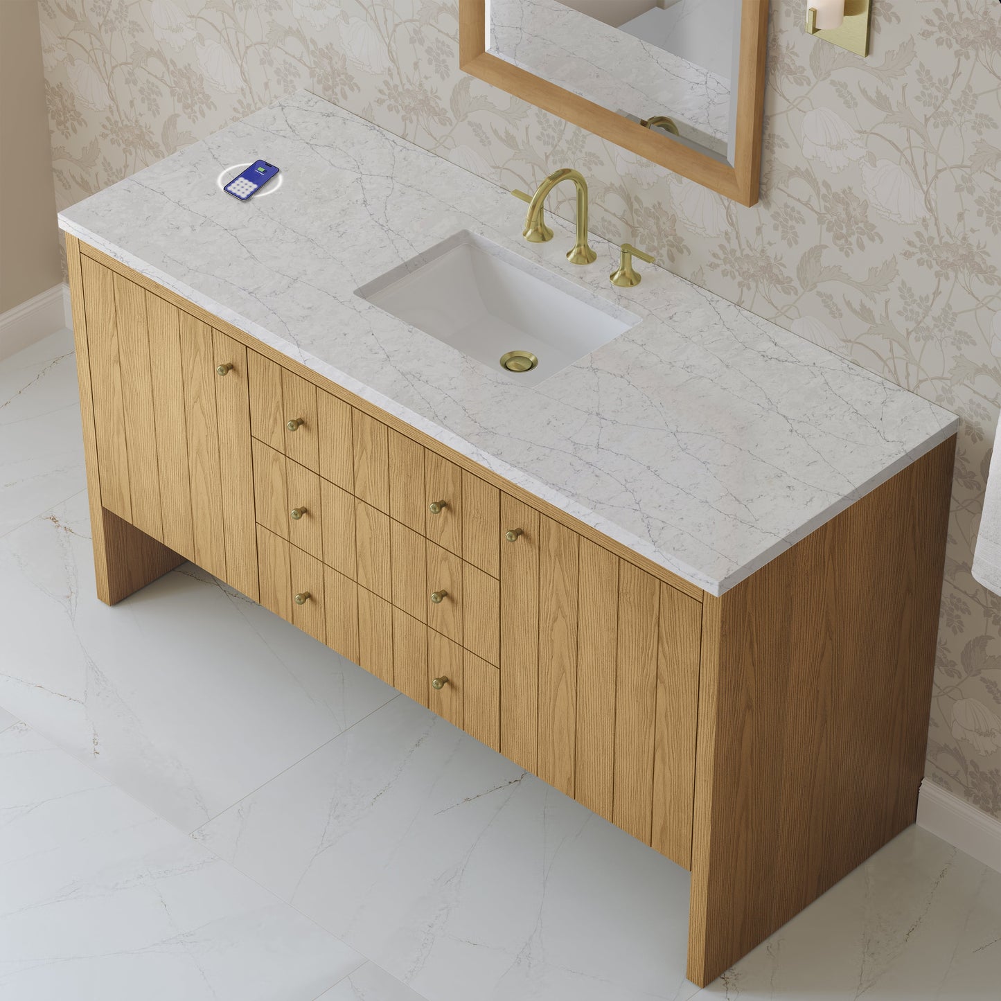 
                  
                    Hudson 60" Single Vanity in Light Natural Oak Double Bathroom Vanity James Martin Vanities FreePower-Enabled Eternal Pearl Jasmine Silestone 
                  
                