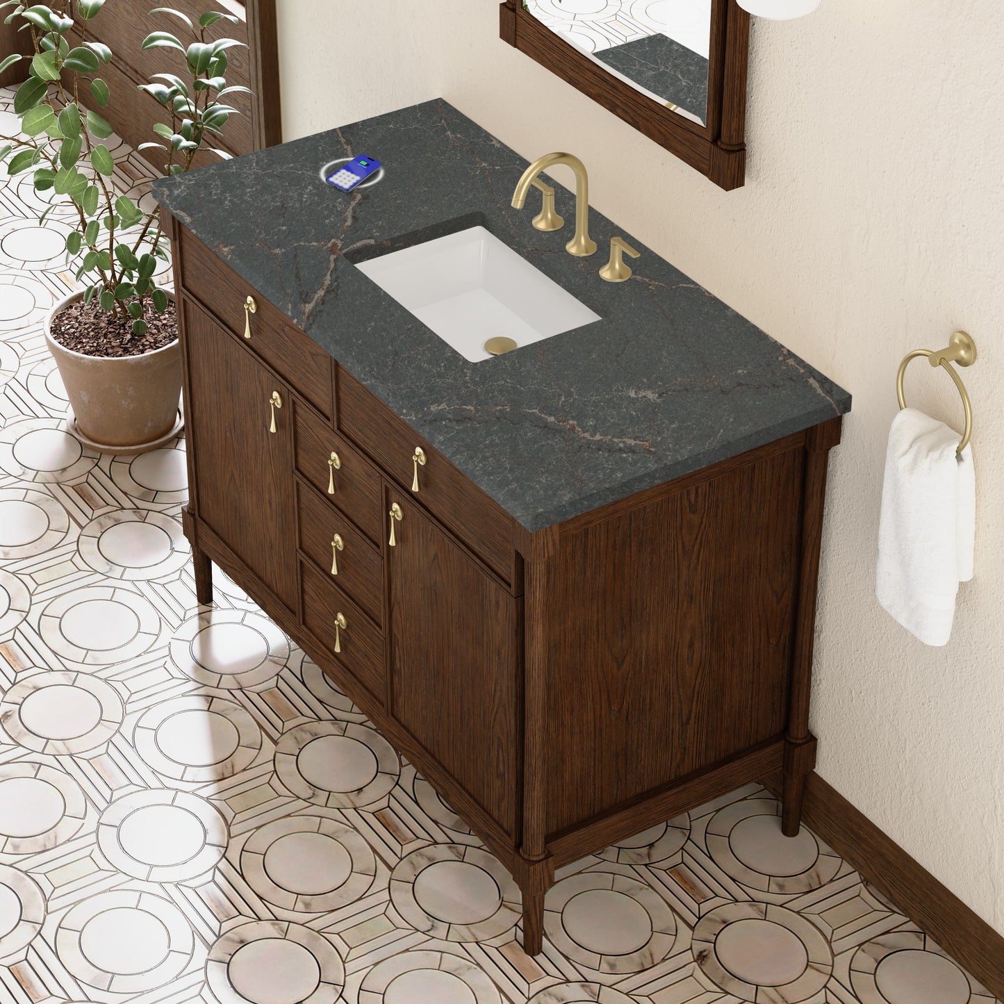 
                  
                    Kinnsden 48" Single Vanity in Sable Oak Single Bathroom Vanity James Martin Vanities FreePower-Enabled Parisien Bleu Silestone 
                  
                