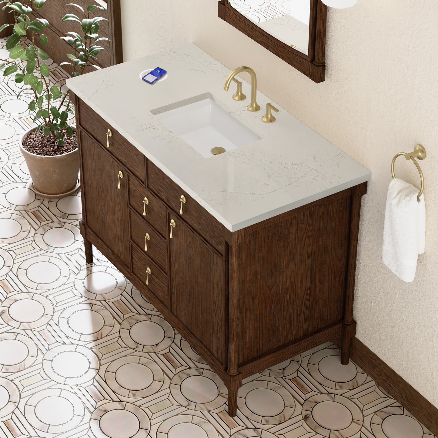 
                  
                    Kinnsden 48" Single Vanity in Sable Oak Single Bathroom Vanity James Martin Vanities FreePower-Enabled Siberian Silestone 
                  
                
