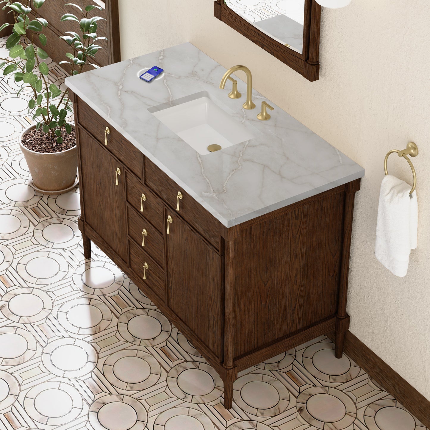 
                  
                    Kinnsden 48" Single Vanity in Sable Oak Single Bathroom Vanity James Martin Vanities FreePower-Enabled Victorian Silver Silestone 
                  
                