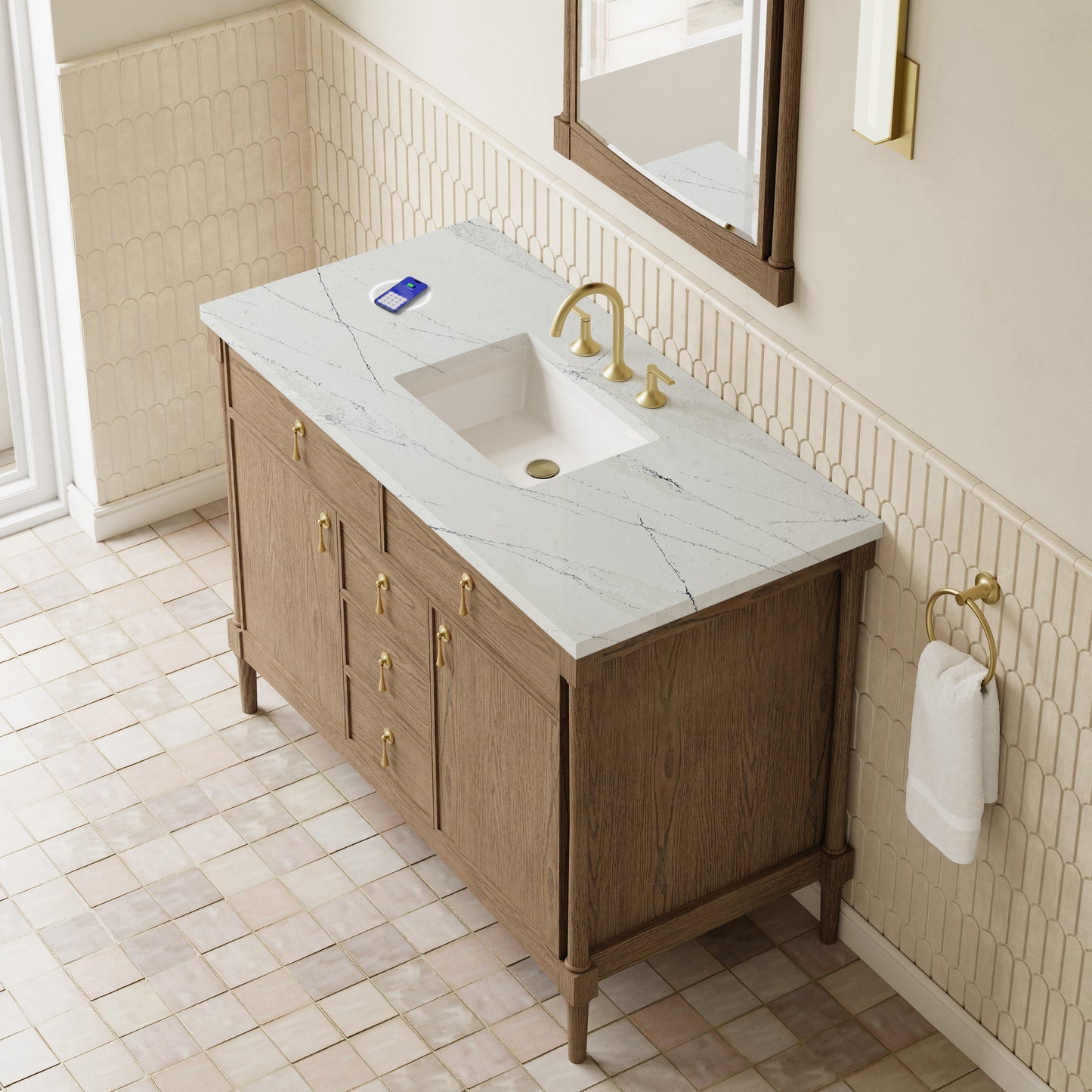 
                  
                    Kinnsden 48" Single Vanity in Weathered Oak Single Bathroom Vanity James Martin Vanities FreePower-Enabled Ethereal Noctis Silestone 
                  
                