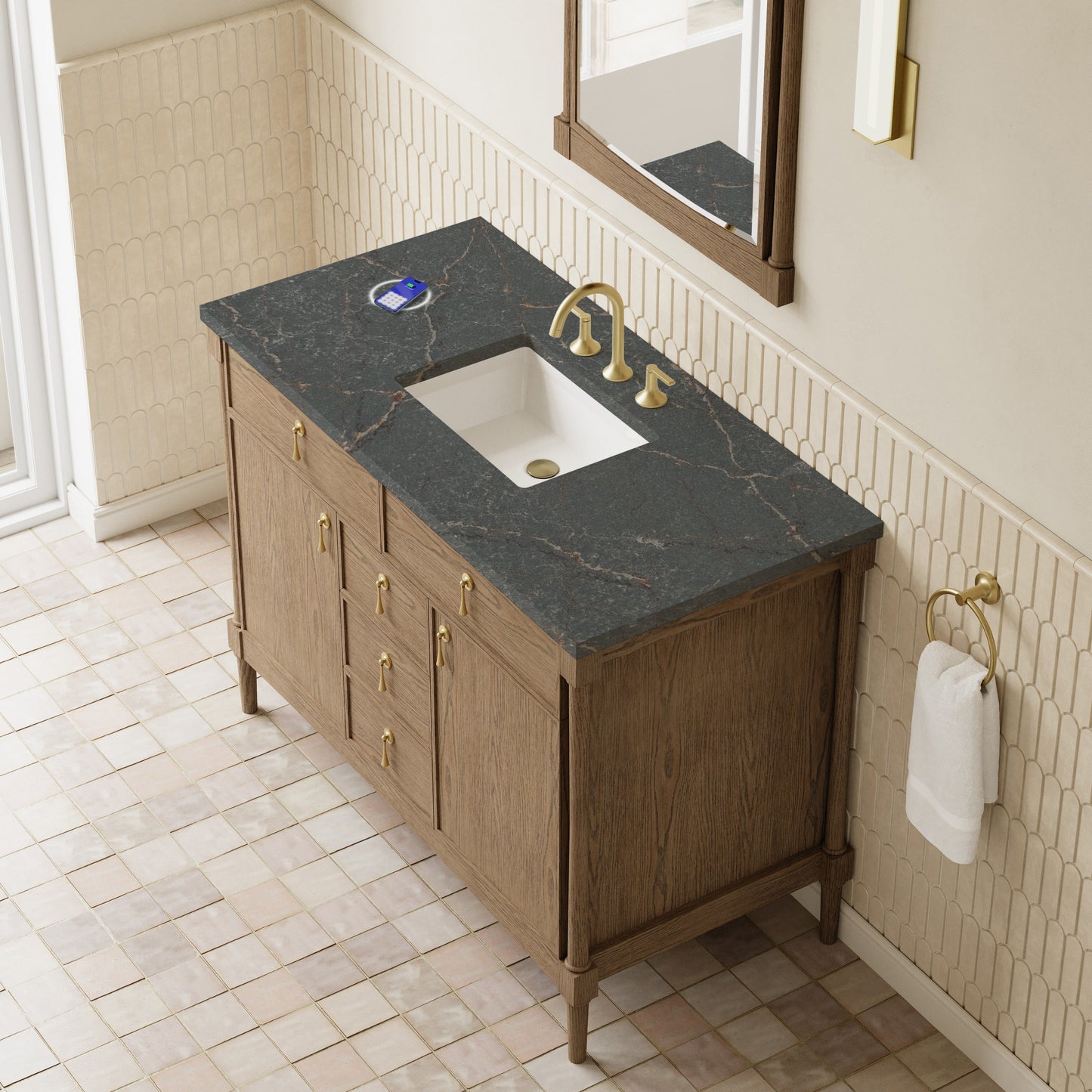 
                  
                    Kinnsden 48" Single Vanity in Weathered Oak Single Bathroom Vanity James Martin Vanities FreePower-Enabled Parisien Bleu Silestone 
                  
                