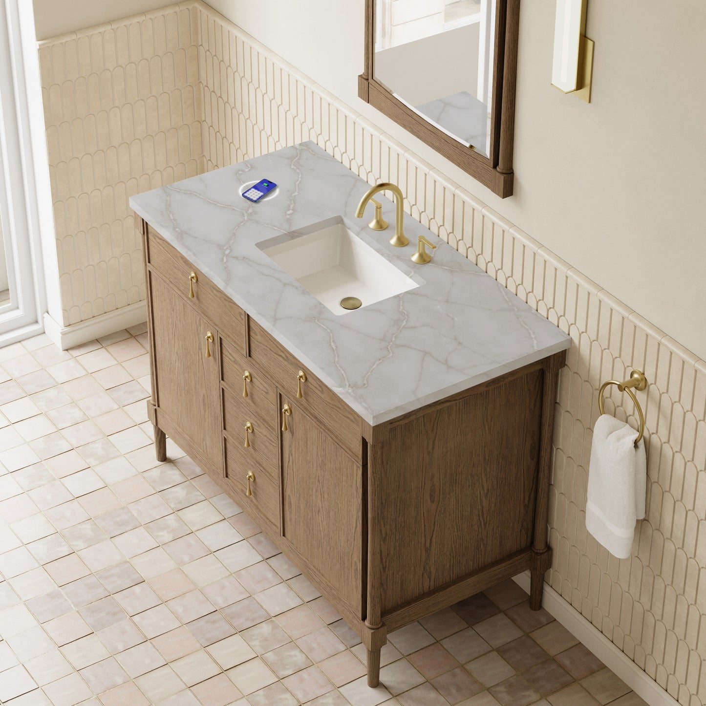 
                  
                    Kinnsden 48" Single Vanity in Weathered Oak Single Bathroom Vanity James Martin Vanities FreePower-Enabled Victorian Silver Silestone 
                  
                