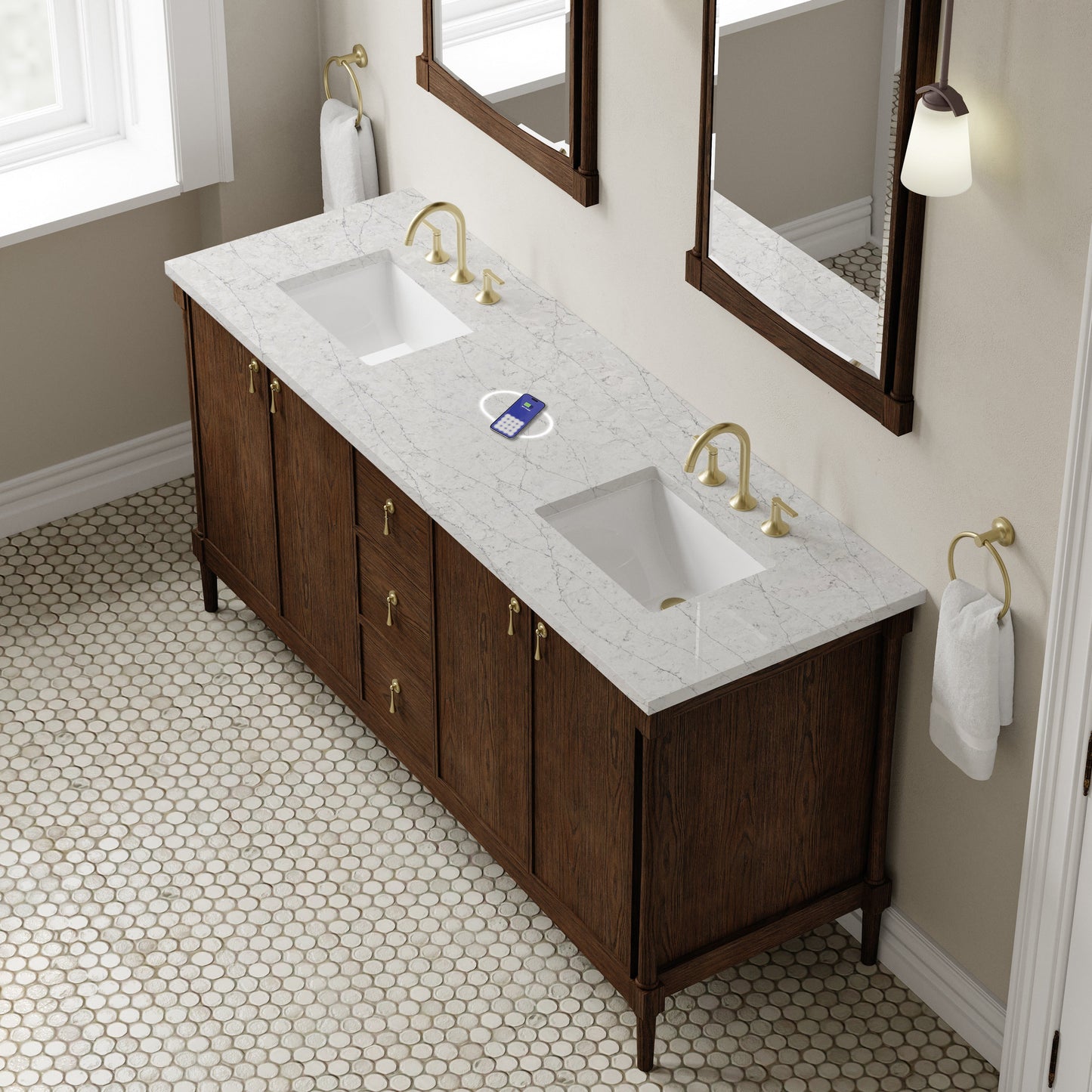 
                  
                    Kinnsden 72" Double Vanity in Sable Oak Single Bathroom Vanity James Martin Vanities FreePower-Enabled Eternal Jasmine Pearl Silestone 
                  
                