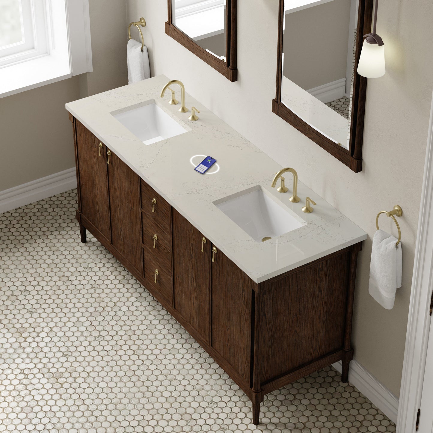 
                  
                    Kinnsden 72" Double Vanity in Sable Oak Single Bathroom Vanity James Martin Vanities FreePower-Enabled Eternal Siberian Silestone 
                  
                