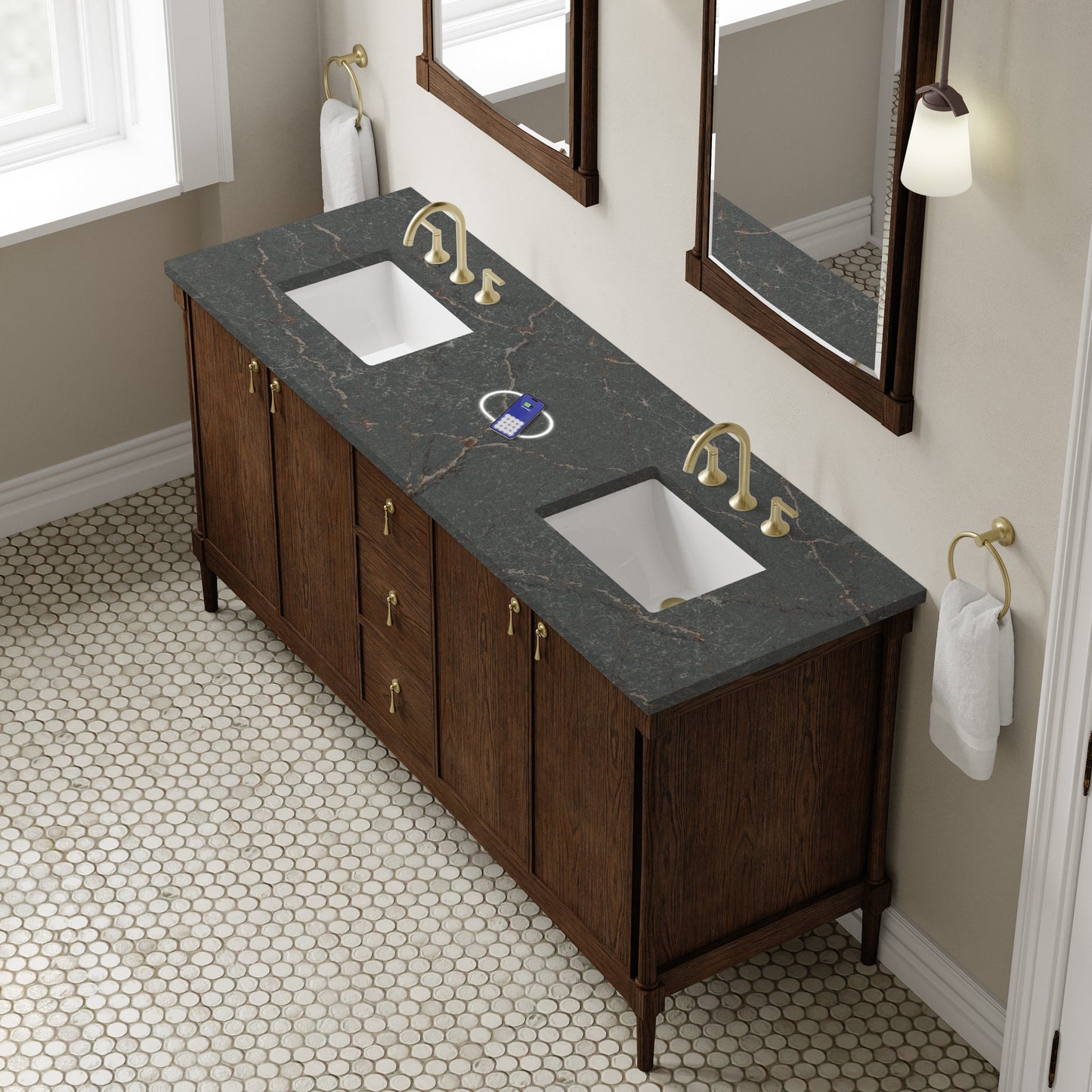 
                  
                    Kinnsden 72" Double Vanity in Sable Oak Single Bathroom Vanity James Martin Vanities FreePower-Enabled Parisien Bleu Silestone 
                  
                