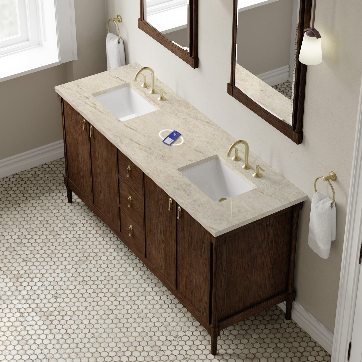 
                  
                    Kinnsden 72" Double Vanity in Sable Oak Single Bathroom Vanity James Martin Vanities FreePower-Enabled Tajnar Eclos 
                  
                