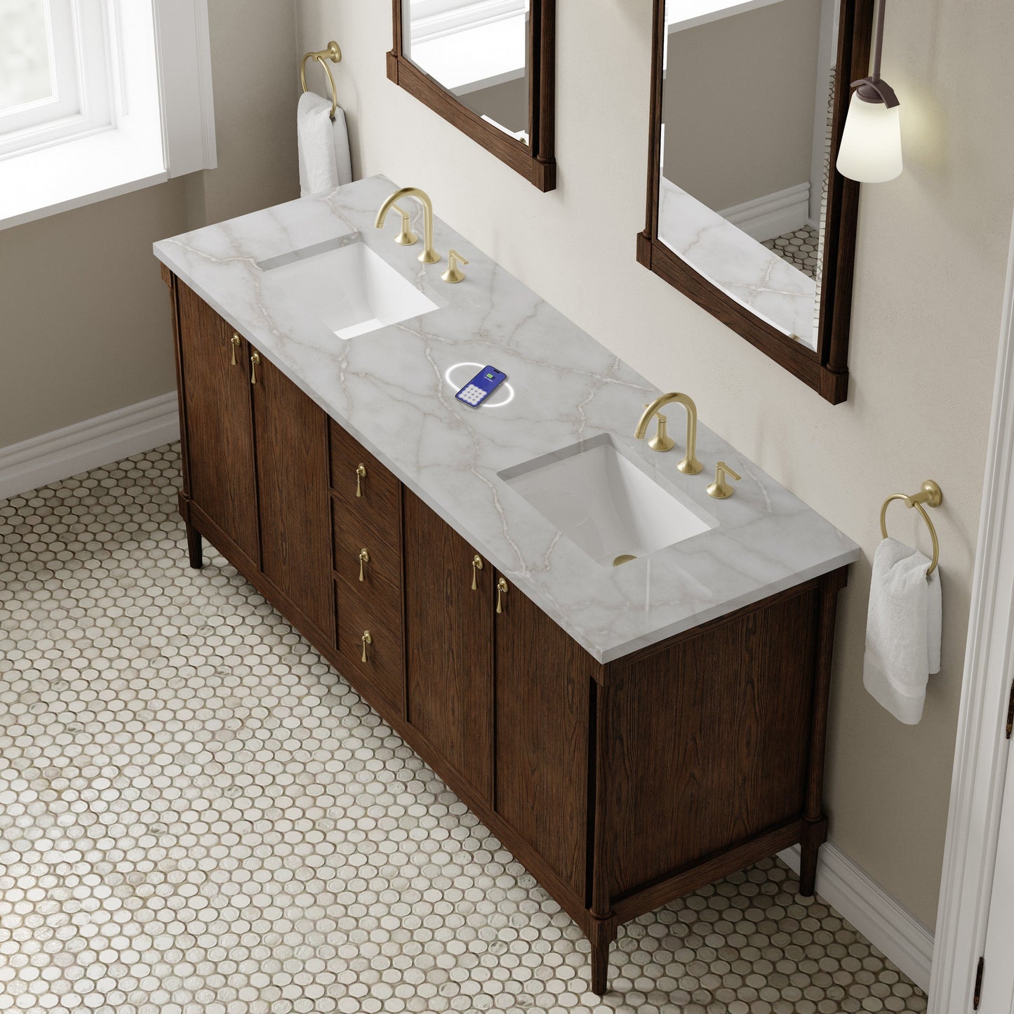 
                  
                    Kinnsden 72" Double Vanity in Sable Oak Single Bathroom Vanity James Martin Vanities FreePower-Enabled Victorian Silestone Silestone 
                  
                