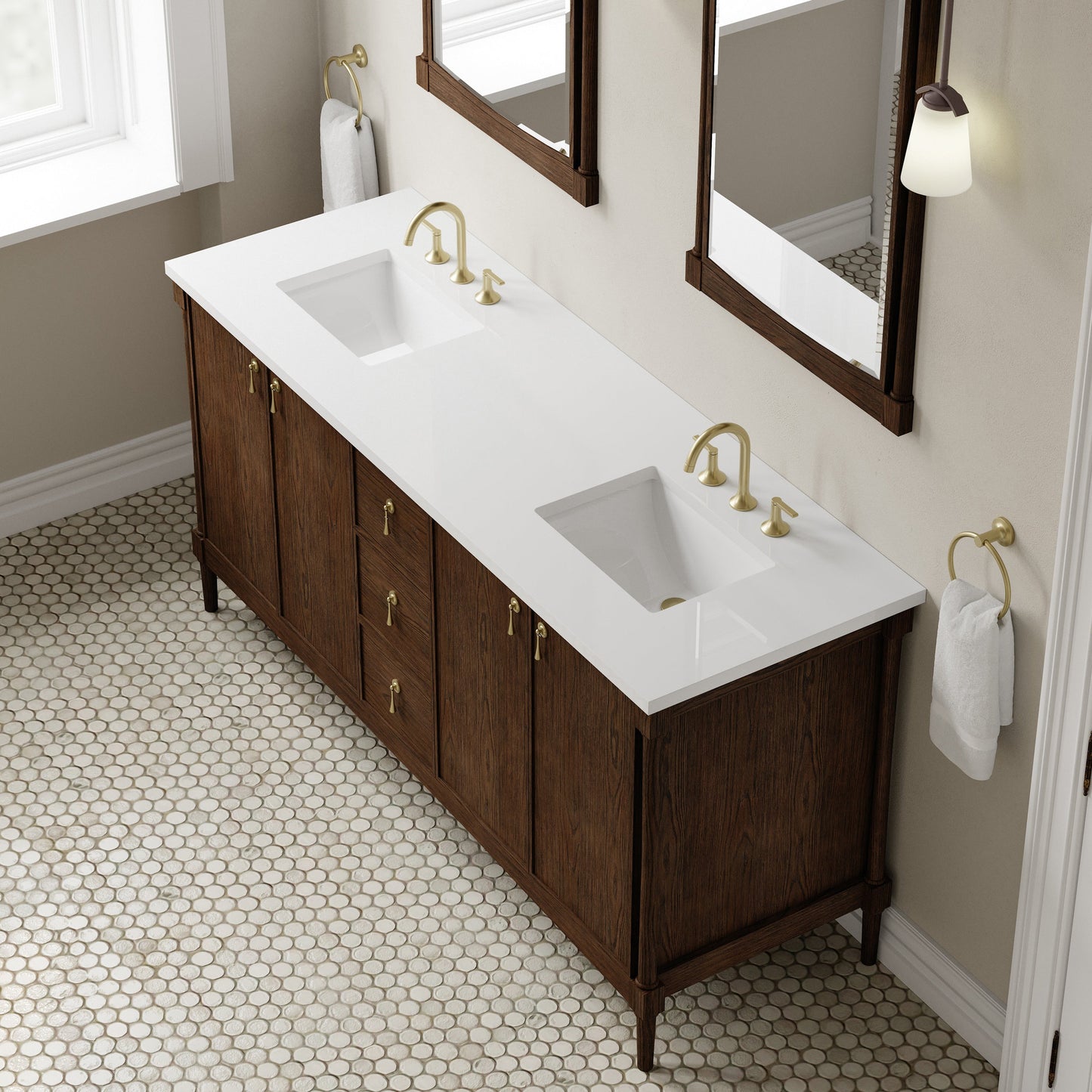 
                  
                    Kinnsden 72" Double Vanity in Sable Oak Single Bathroom Vanity James Martin Vanities White Zeus Silestone 
                  
                