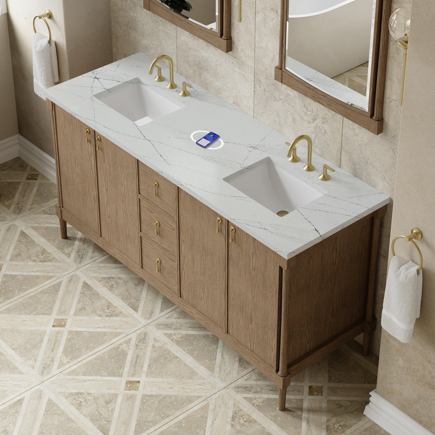 
                  
                    Kinnsden 72" Double Vanity in Weathered Oak Single Bathroom Vanity James Martin Vanities FreePower-Enabled Ethereal Noctis Silestone 
                  
                