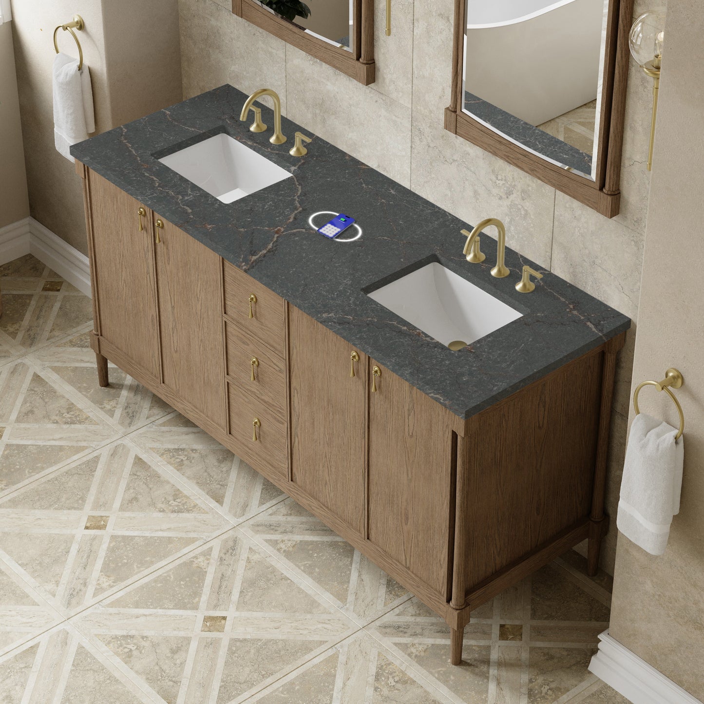 
                  
                    Kinnsden 72" Double Vanity in Weathered Oak Single Bathroom Vanity James Martin Vanities FreePower-Enabled Parisien Bleu Silestone 
                  
                