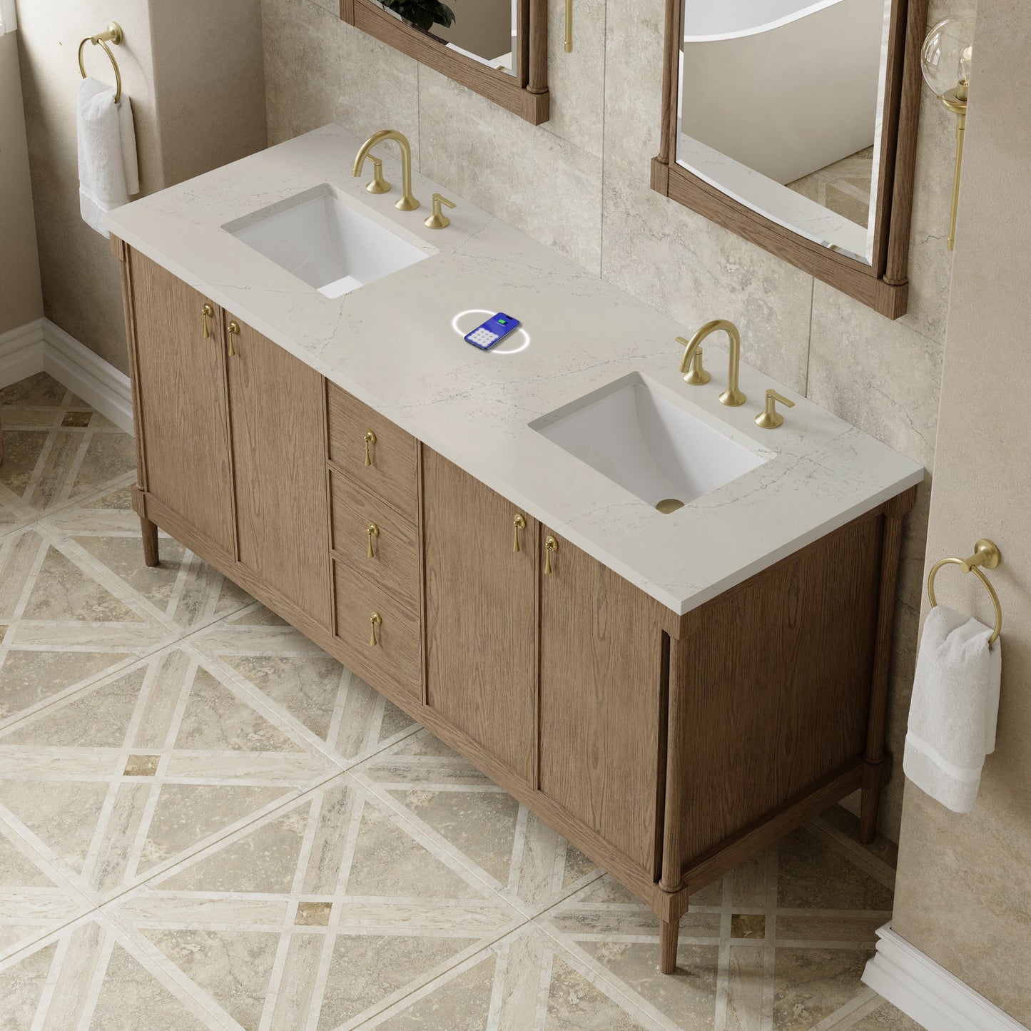 
                  
                    Kinnsden 72" Double Vanity in Weathered Oak Single Bathroom Vanity James Martin Vanities FreePower-Enabled Siberian Silestone 
                  
                
