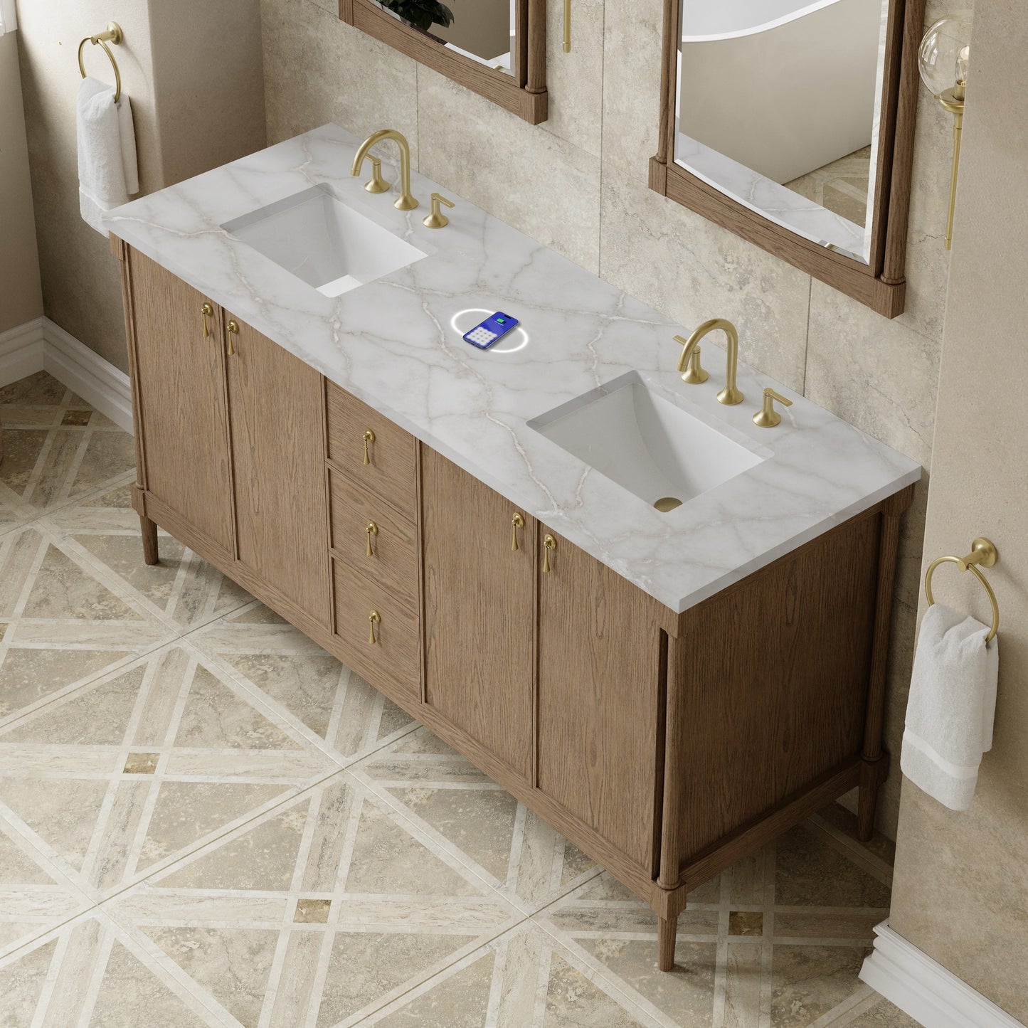 
                  
                    Kinnsden 72" Double Vanity in Weathered Oak Single Bathroom Vanity James Martin Vanities FreePower-Enabled Victorian Silver Silestone 
                  
                