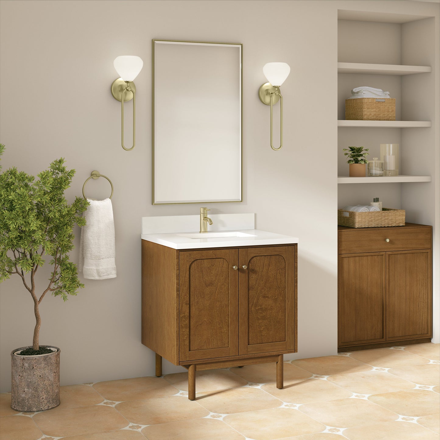 
                  
                    Laurent 30" Single Vanity in Honey Oak Single Bathroom Vanity James Martin Vanities White Zeus Silestone Single Faucet Top w/Backsplash 
                  
                