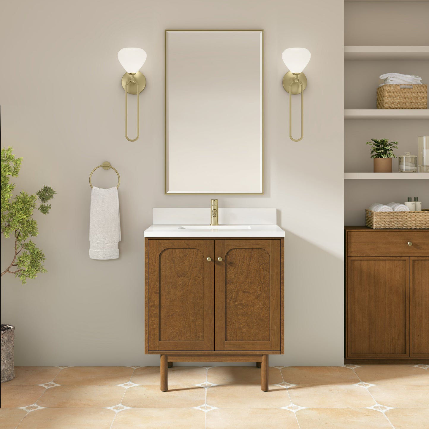 
                  
                    Laurent 30" Single Vanity in Honey Oak Single Bathroom Vanity James Martin Vanities White Zeus Silestone Single-Hole Faucet Top with Backsplash 
                  
                